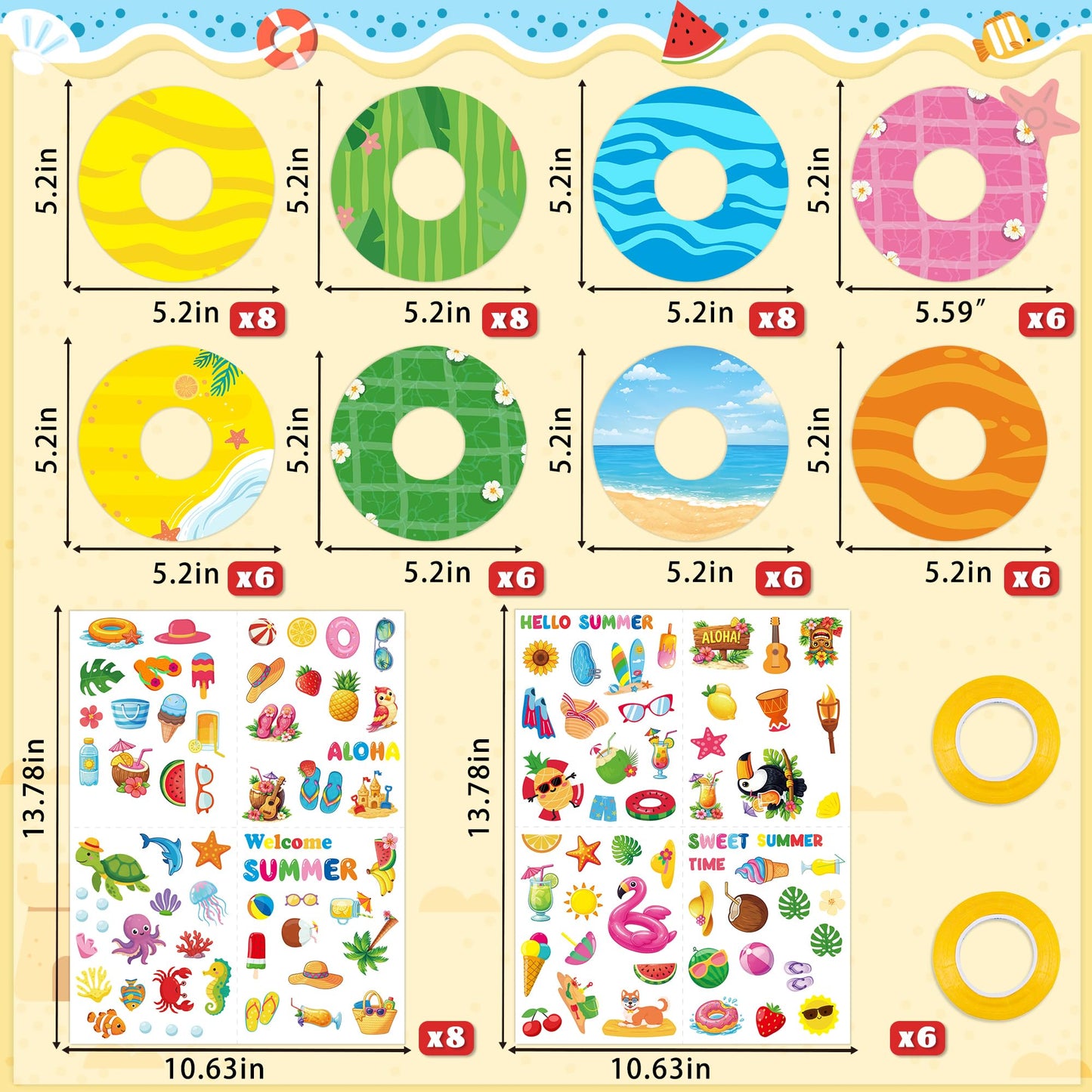 80UncleKimby 54Packs Summer Crafts Bulk – DIY Wreath and Sticker Ornament Making Kit for Hawaiian Beach Party Decorations