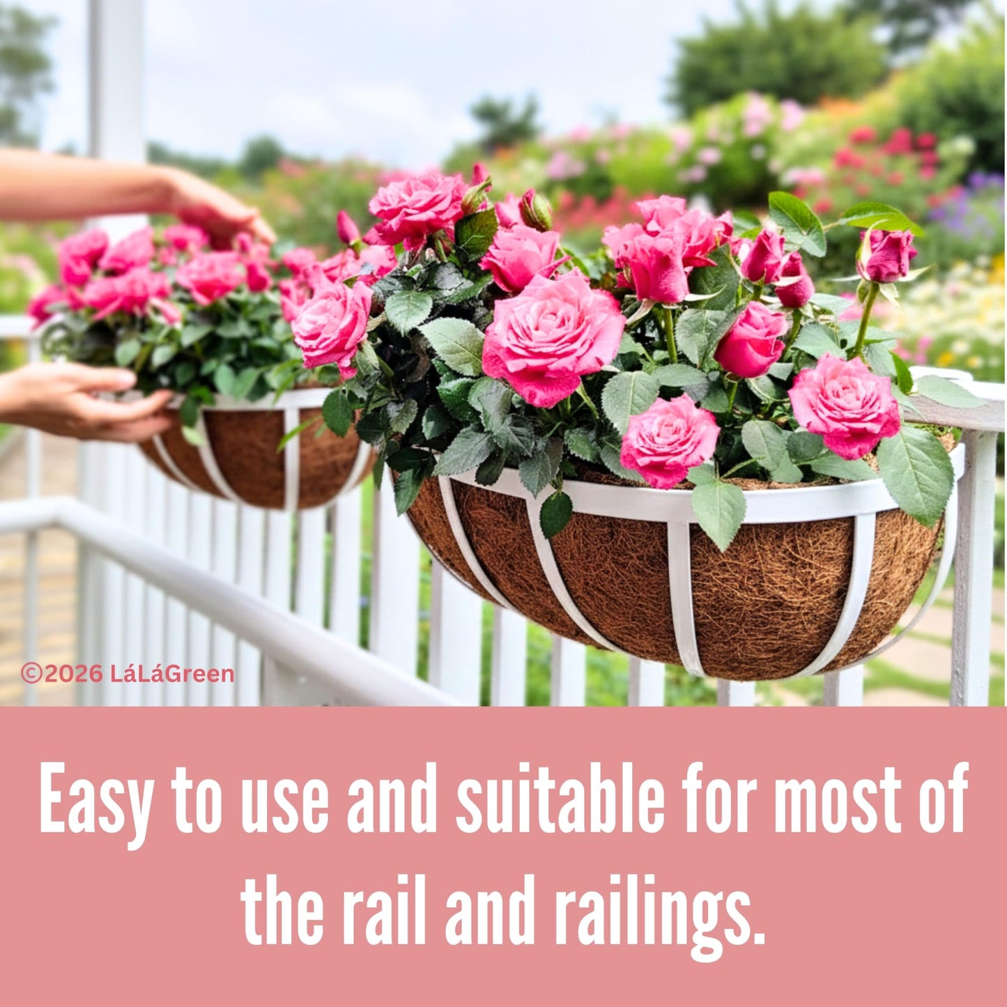 LaLaGreen Deck Railing Planters (2 Pack, 16 Inch) White Metal Rectangular Window Flower Box with Coco Liner, Wall Hanging Planter for Outdoor Plants Deck Rail Fence Balcony Patio Porch Garden Decor