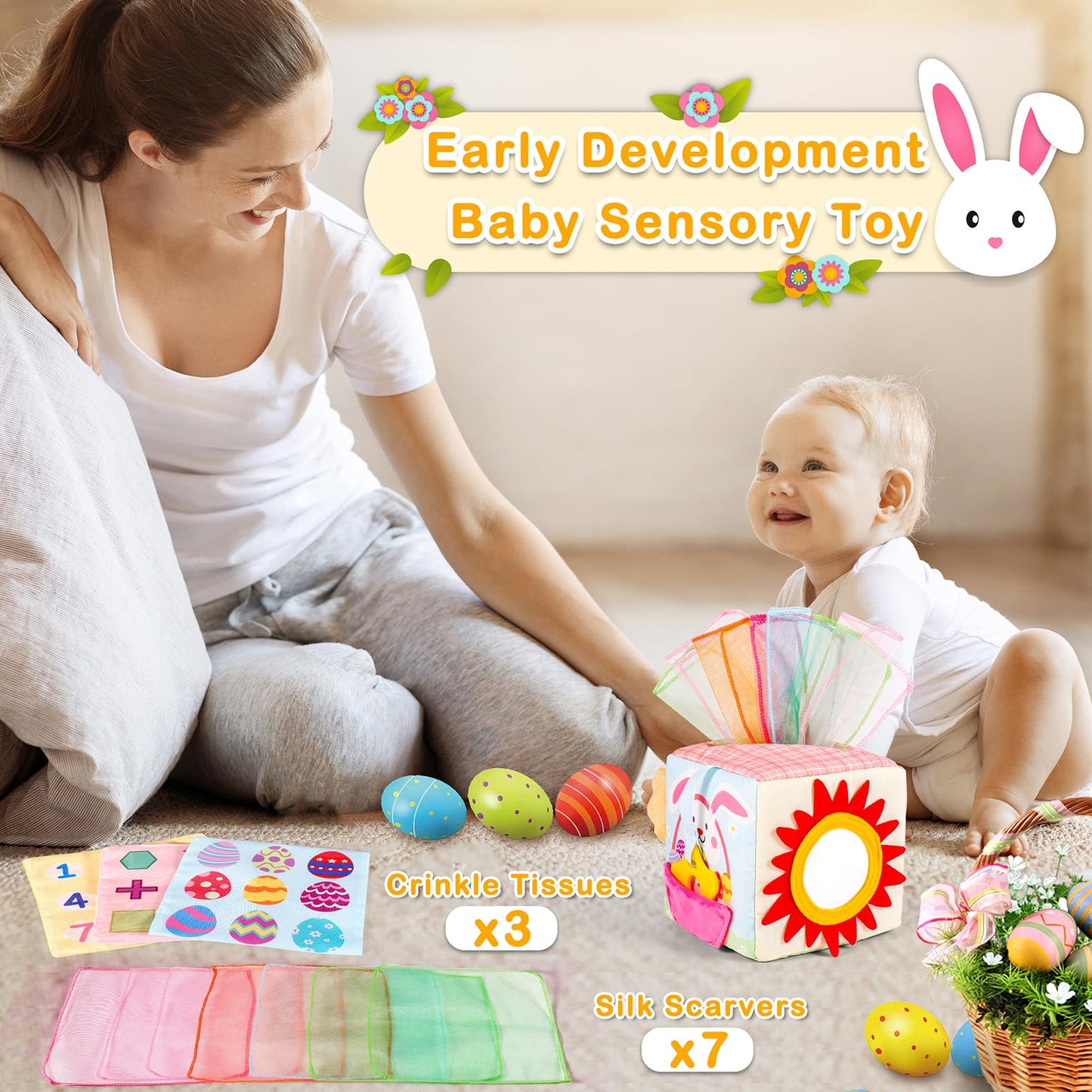 Melonegg Easter Baby Toys Montessori Toys Baby Tissue Box Toy for Babies 3 6 9 Months, Easter Gifts, Easter Basket Stuffers for Babies