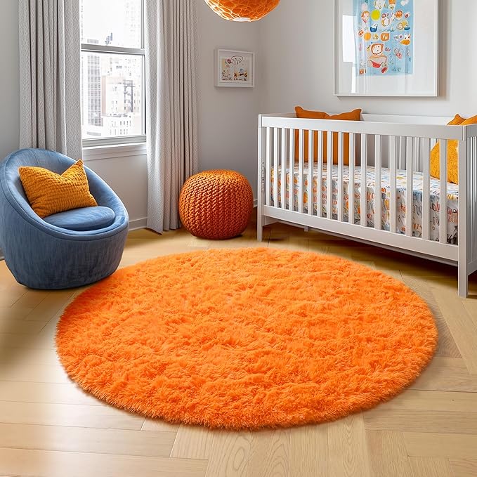 Amdrebio Orange Round Circle Rug 5Ft for Bedroom Living Room, Fluffy Fuzzy Shaggy Area Rugs for Kids Room Decor Aesthetic, Cute Furry Plush Shag Carpet for Baby Nursery Dorm Playroom, Teen Girls Boys