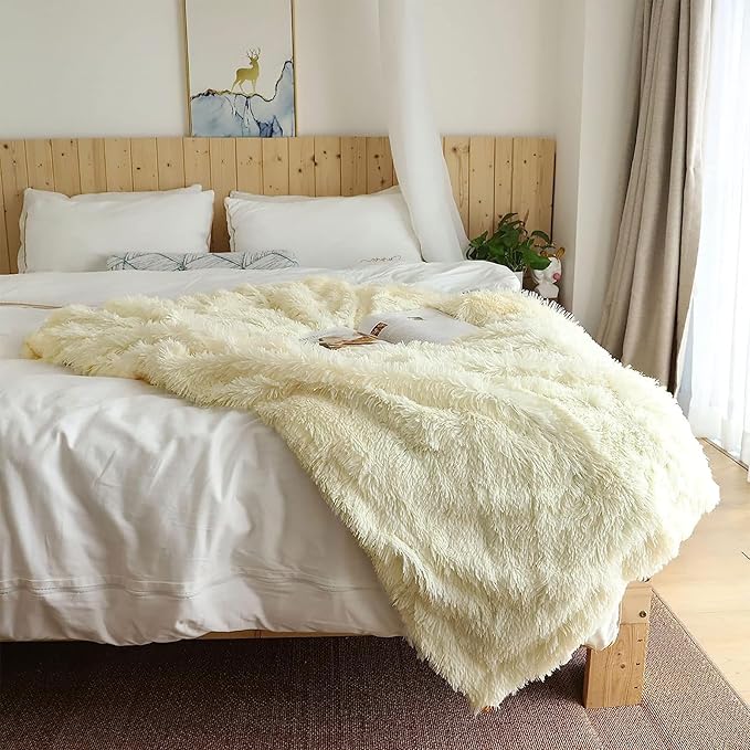 Tuddrom Decorative Extra Soft Faux Fur Blanket Twin Size 70" x 78",Solid Reversible Fuzzy Long Hair Shaggy Fluffy Cozy Plush Fleece Comfy Microfiber Blanket for Couch Sofa Bed,Light Yellow