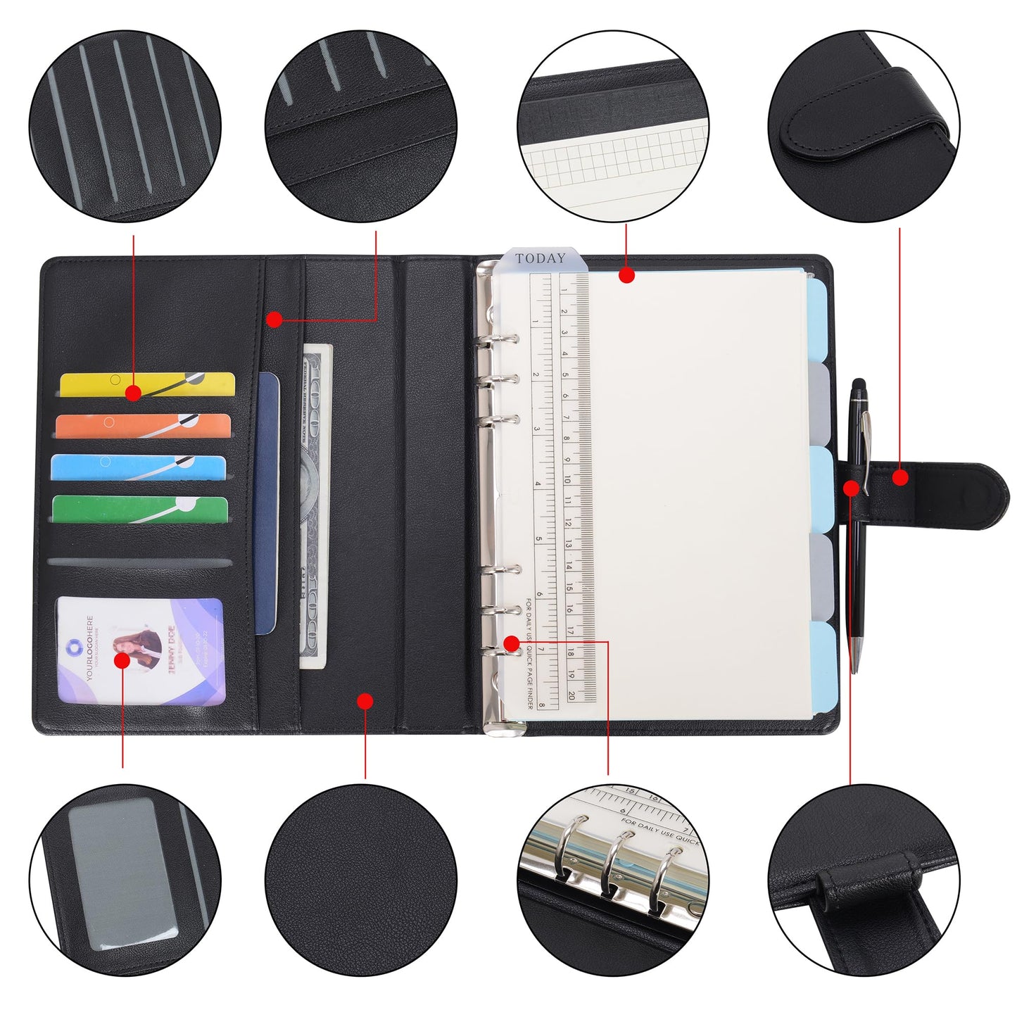 WASON A5 Binder PU Leather Journal Ring Portfolio Lined Notebook Refillable Paper Diary with Removable Clipboard Writing Notepad for Travel Business School Agenda Organizer (Black)