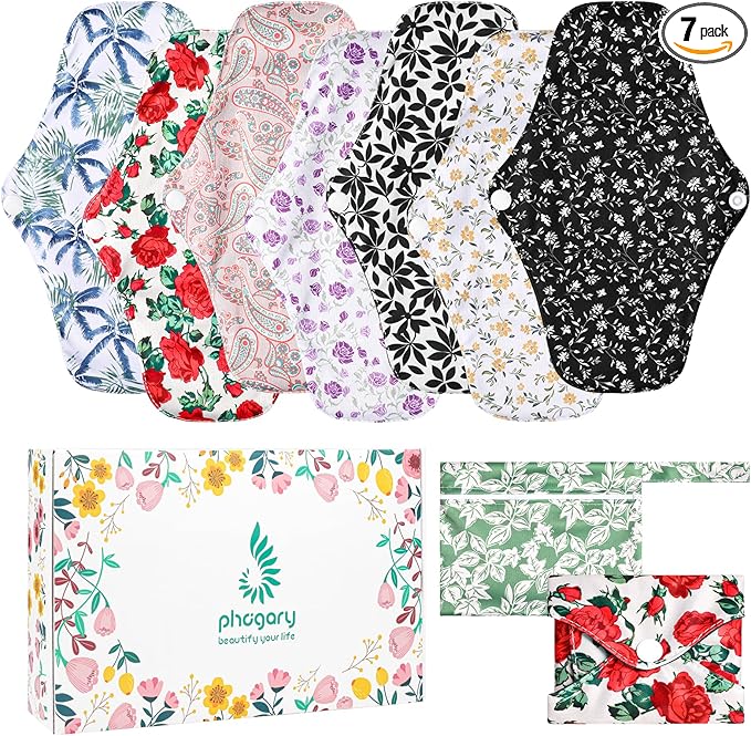 PHOGARY 7 Packs Reusable Menstrual Pads, Breathable Mesh Surface Cloth Sanitary Pads for Heavy Flow with Wet Bag, Washable Overnight Cloth Panty Liners with Wings for Women