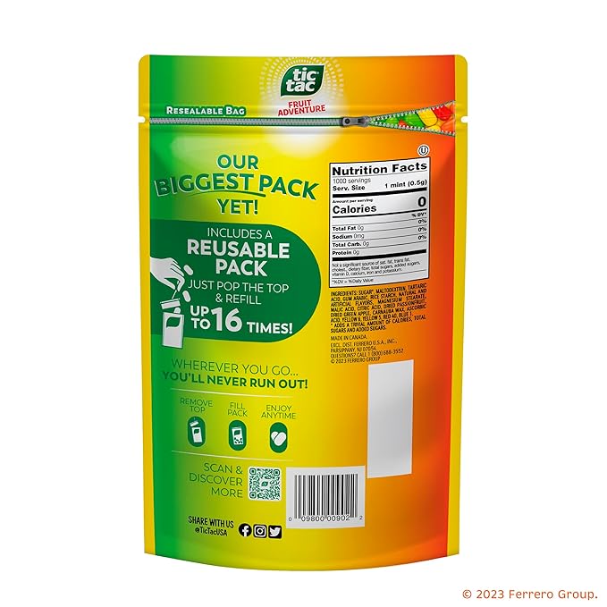 Tic Tac Bulk Resealable Refill Bag, Fruit Adventure Mints, On-The-Go Refreshment, Includes Empty Refillable Pack, 17.2 oz