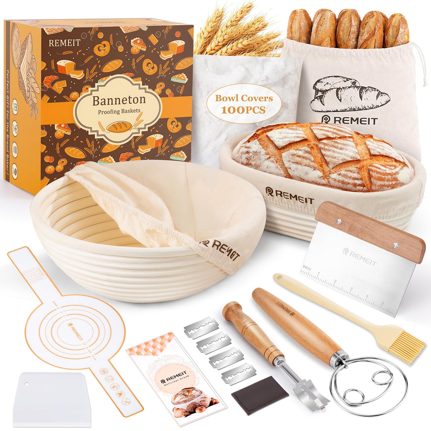 REMEIT Banneton Bread Proofing Basket Sourdough Bread Baking Supplies, Sourdough Starter Kit with 9" Round and 10" Oval Baskets, Sling, Bread Lame, Proofing Cover, Scraper, Dough Whisk