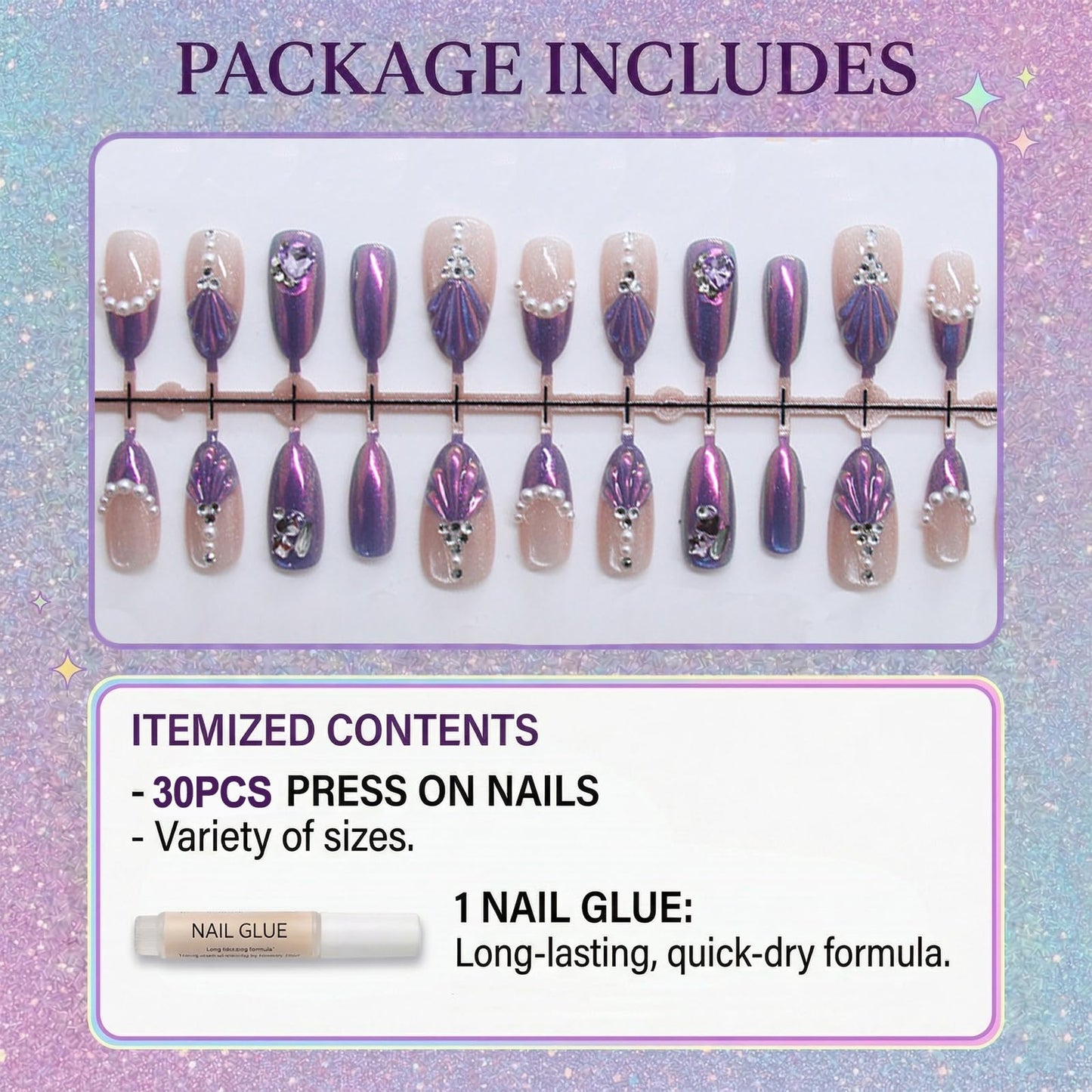 IMRAIN Almond Press on Nails, Medium Fake Nails, Purple Cat Eye 3D Mermaid Tail Pearl Heart, 30Pcs Reusable Glue on Nails for Women, Salon Quality