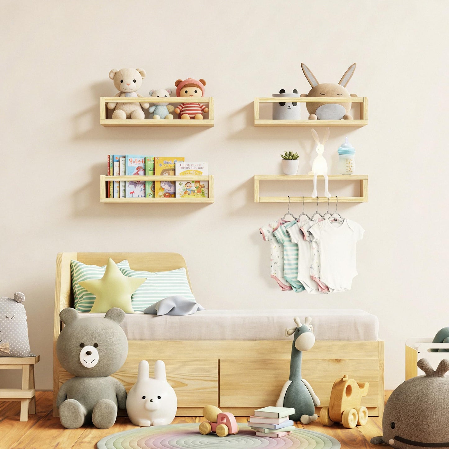 Picrit Set of 4 Natural Solid Wood Nursery Floating Shelves - Decorative Wall-Mounted Kids Bookshelf for Toy Storage & Book Display in Playroom or Kids Room, Durable Organizer