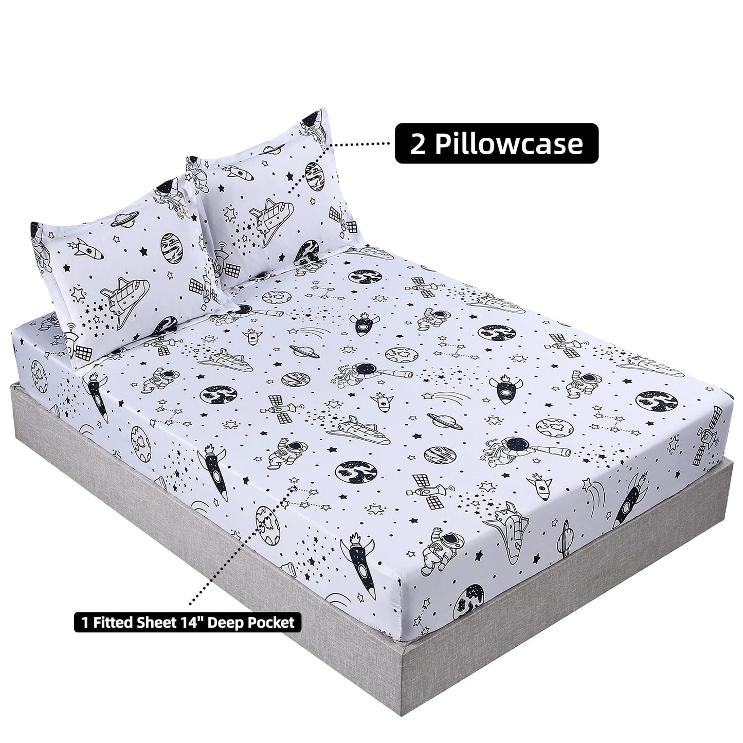 MAG 3 Pcs Space Sheets Twin,White Based Galaxy Planets Sheet Set,Super Soft Microfiber,for Kids Teens Boys Girls and Space Galaxy Lovers with 1 Fitted Sheet 14'' Deep Pocket and 2 Pillowcases.