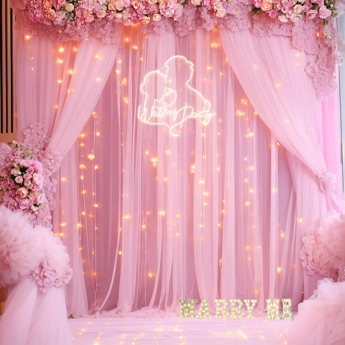20ft x 10ft Pink Tulle Photo Backdrop Curtain with Lights String for Baby Shower Sheer Baby Pink Curtain Backdrop for Birthday Party Wedding Photo Booth Photography Background Decorations