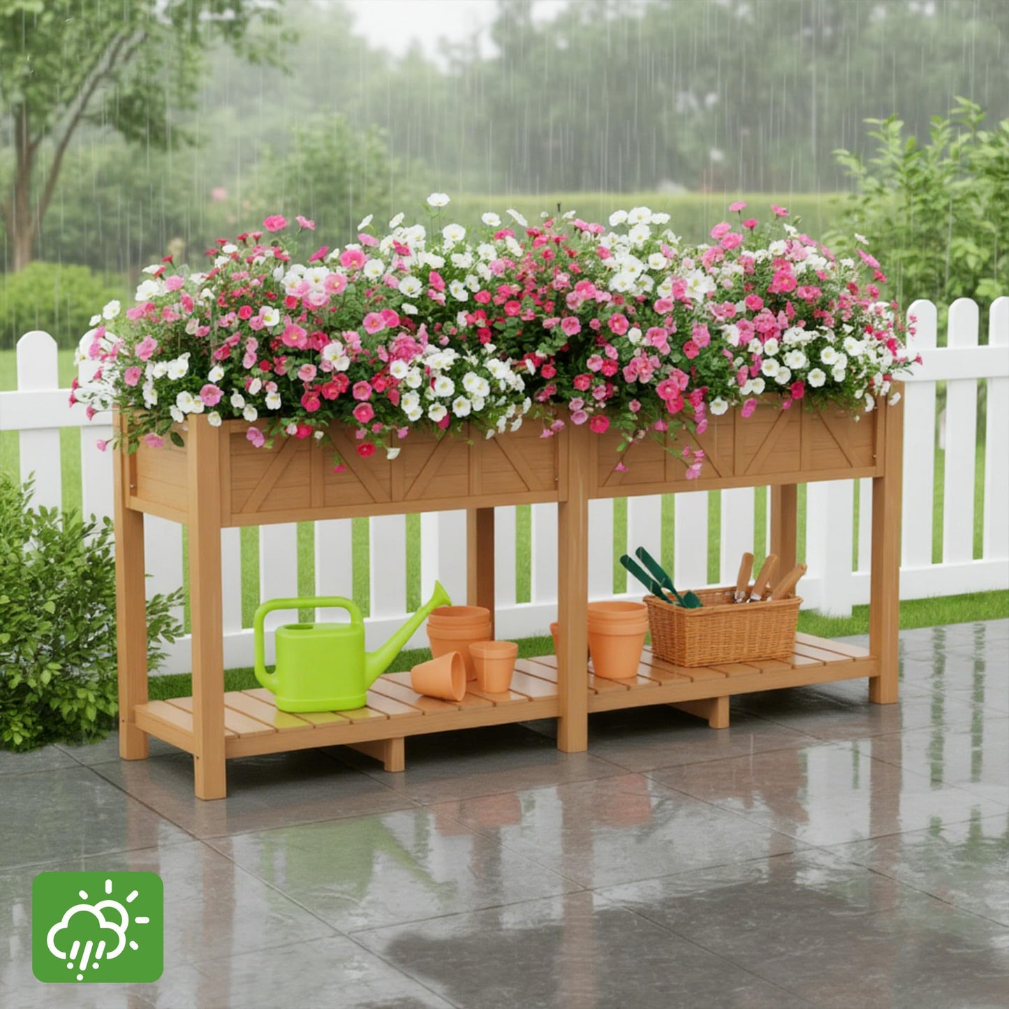 HIPS Elevated Raised Garden Bed with Legs,72"L x 17.3"W x 28.7"H Large Outdoor Planter Box with Storage Rack,All-Weather Raised Bed Planters with 6 Hooks & 2 Non-Woven Liner for Vegetables Flower Herb