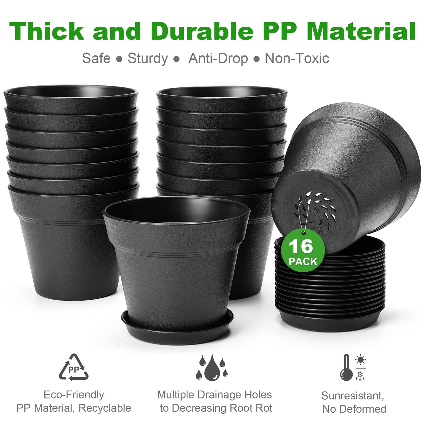 FHWTY 16 Pack Plastic Plant Pots with Drainage Holes and Tray, 4 inch Thickened Indoor Planters Seedlings Nursery Pots for Flowers, African Violet, Succulent and All House Plants, Black