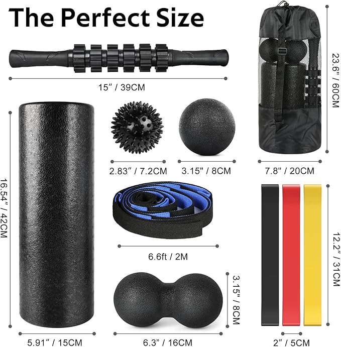 7 in1 Foam Roller Set for Deep Tissue Muscle Massage - High Density Back Roller, Muscle Roller Stick, Resistance Bands, Foot Massage Ball, Stretching Strap for Exercise, Whole Body Physical Therapy
