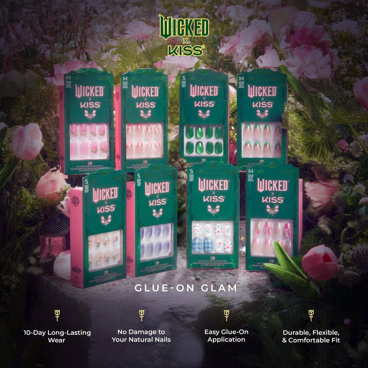 WICKED X KISS Press On Nails, ‘Marvelous Munchkinland’, Blue, Short Squoval, Waterproof, Chip Proof, Smudge Proof, 28 Fake Nails, Pink Gel Nail Glue (2g), Mini Nail File, & Manicure Stick