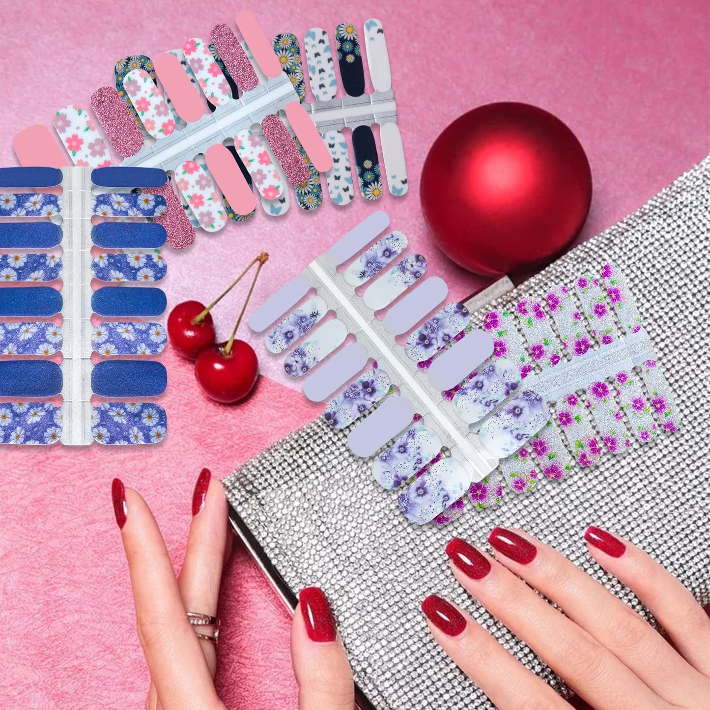 SILPECWEE 5 Sheets Flower Glitter Nail Polish Strips Adhesive Nail Stickers Full Nail Wraps for Women Nail Art Stickers Stick on Nails with 1pc Nail File