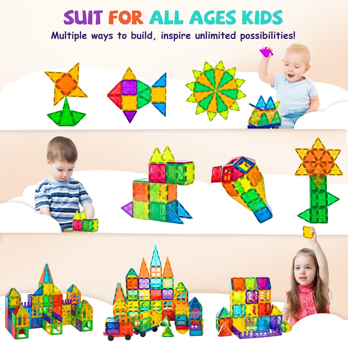 cossy 120Pcs Magnetic Tiles Magnetic 3D Building Blocks Set Educational Construction Toys for 3 4 5 6 7 8 Year Old Boy and Girl with Stronger Magnets, Educational Toys, Recreational, Conventional