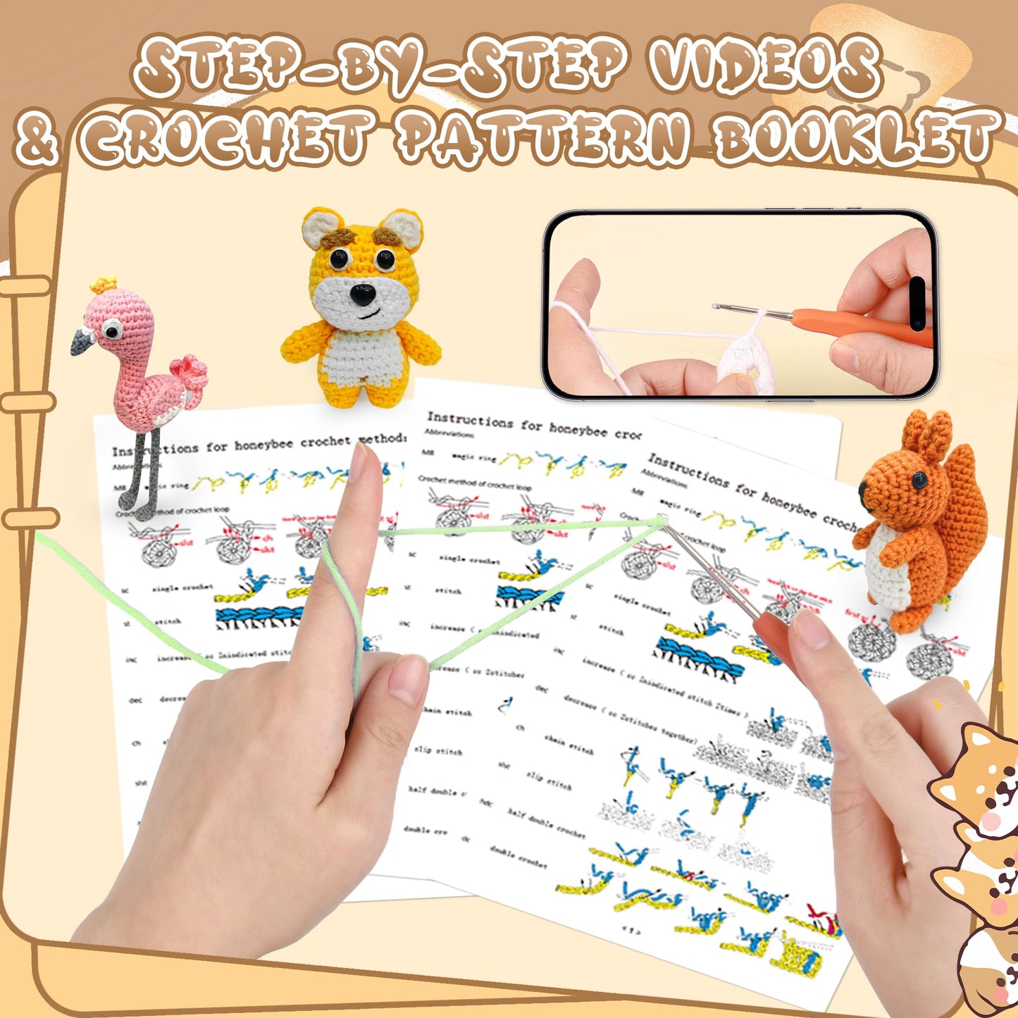 FHFTHYH 6Pcs Crochet Kit for Beginners, DIY Craft for Adults, Great Gift for Crochet Lovers, Crocheting Animal Kits with Step by Step Videos,Yarn,Crochet Hook,Birthday Holiday Gift