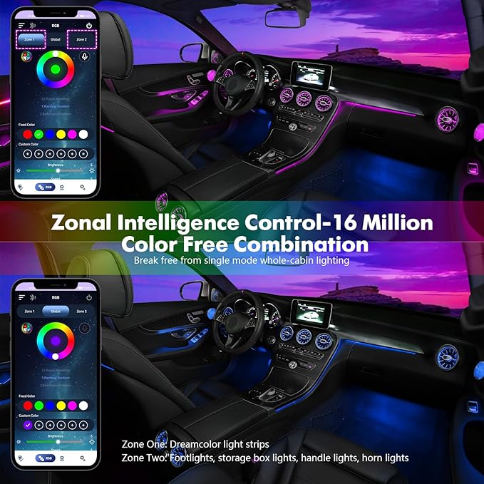 New Version Dreamcolor Acrylic Interior Car Lights 6 in 1 RGB LED Strip Lights with APP Control Zoned Control System 252 Color Modes DIY Fiber Optic Ambient Lighting Kits Music Car Neon Lights