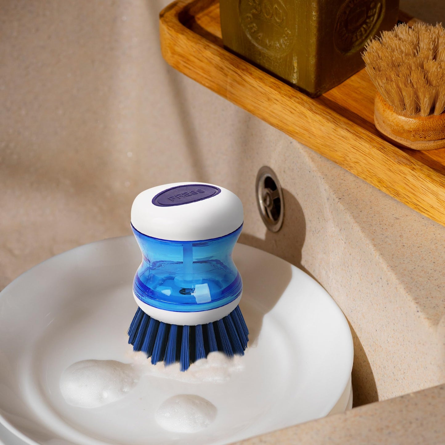 JANKOW Dish Scrubber with Soap Dispenser, 3 Pack Soap Dispensing Palm Brush for Kitchen Sink Pot Pan, Color Coded Dishwashing Scrub Brush Set (Gray, Blue, Orange), Non-Scratch Cleaning Tool