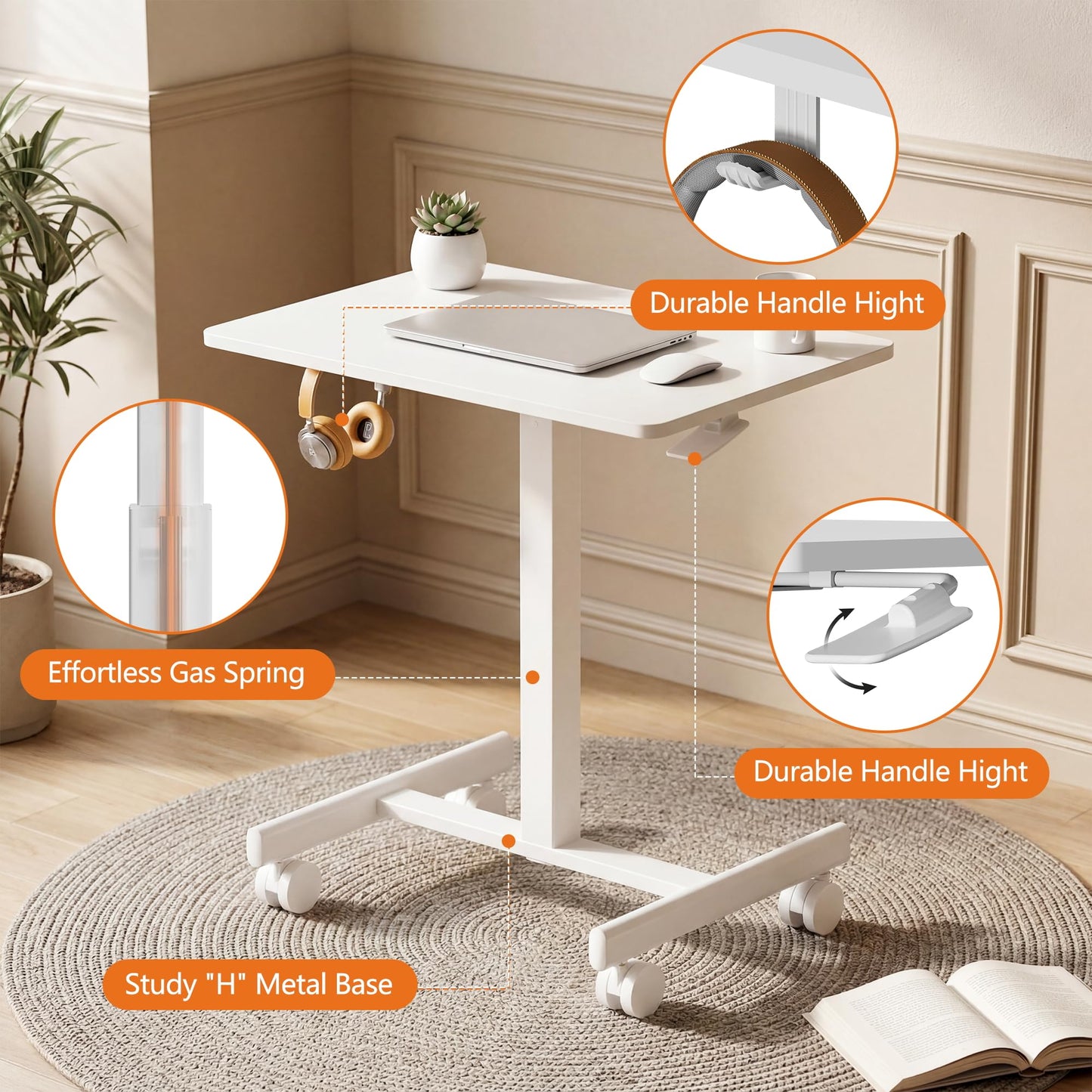 BPHEZJ Mobile Standing Desk with Wheels, Pneumatic Height Adjustable Rolling Computer Workstation with Lockable Casters (White)