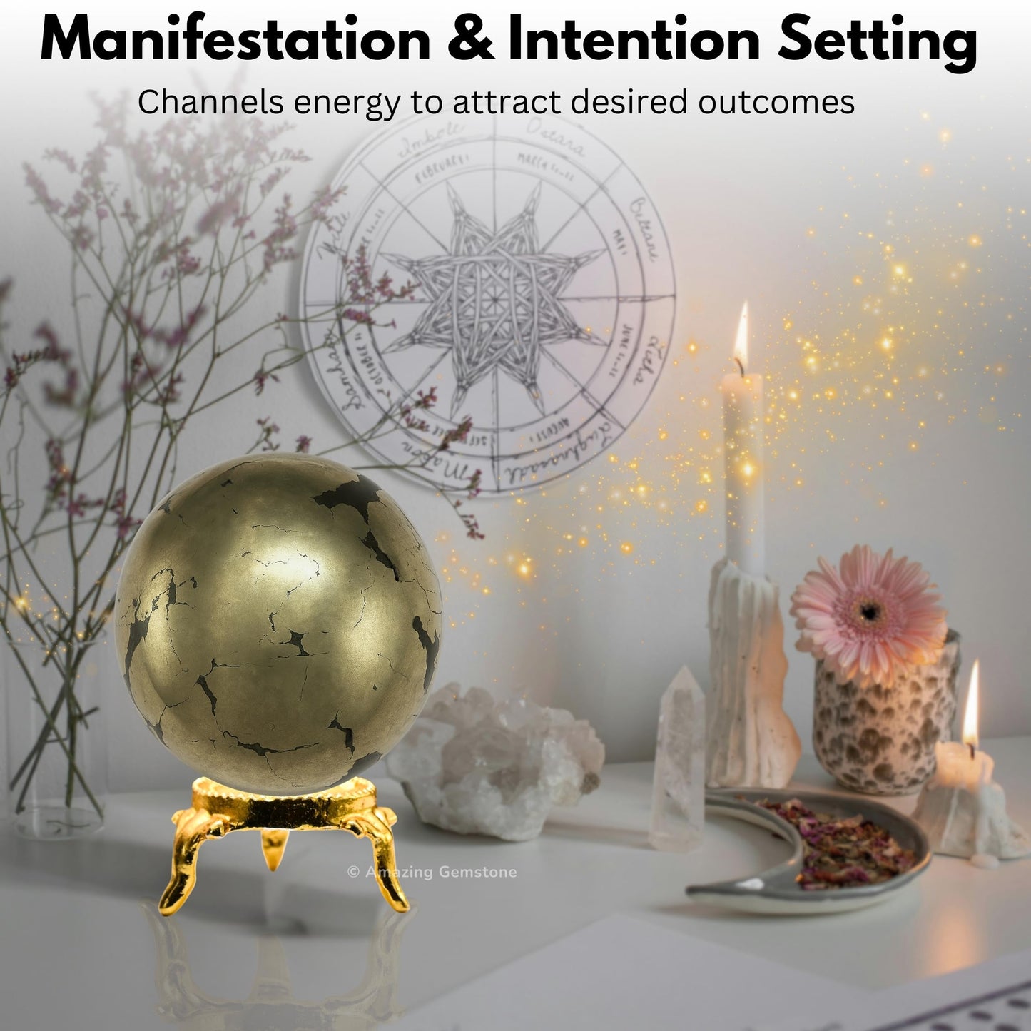 Amazing Gemstone Pyrite Crystal Ball with Stand - 2 Inches Crystal Sphere Meditation Balls for Witchcraft and Decorative Balls