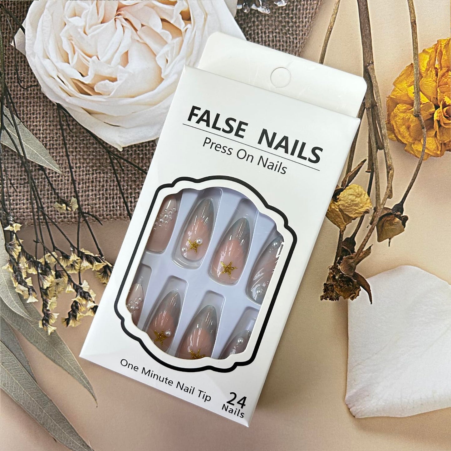 Press on Nails Medium 3D Stereoscopic Shell With Starfish Pearl Design - Full Cover Acrylic Almond Shaped Artificial Stick on Reusable Glue on for Women - Manicure Kit 24Pcs
