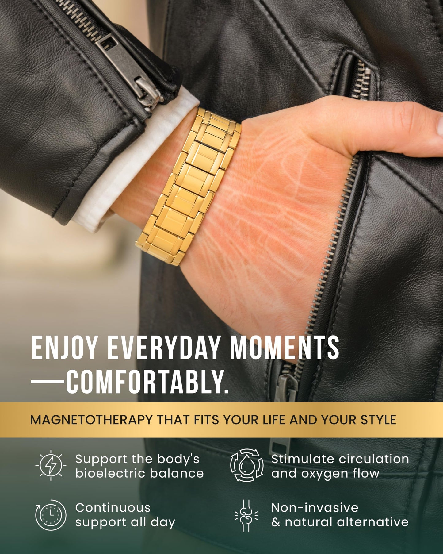 MagnetRX® 3x Strength Magnetic Bracelets for Men – Effective Magnetic Mens Titanium Bracelet – Premium Fold–over Clasp & Adjustable Length with Sizing Tool & Gift Box (Gold)