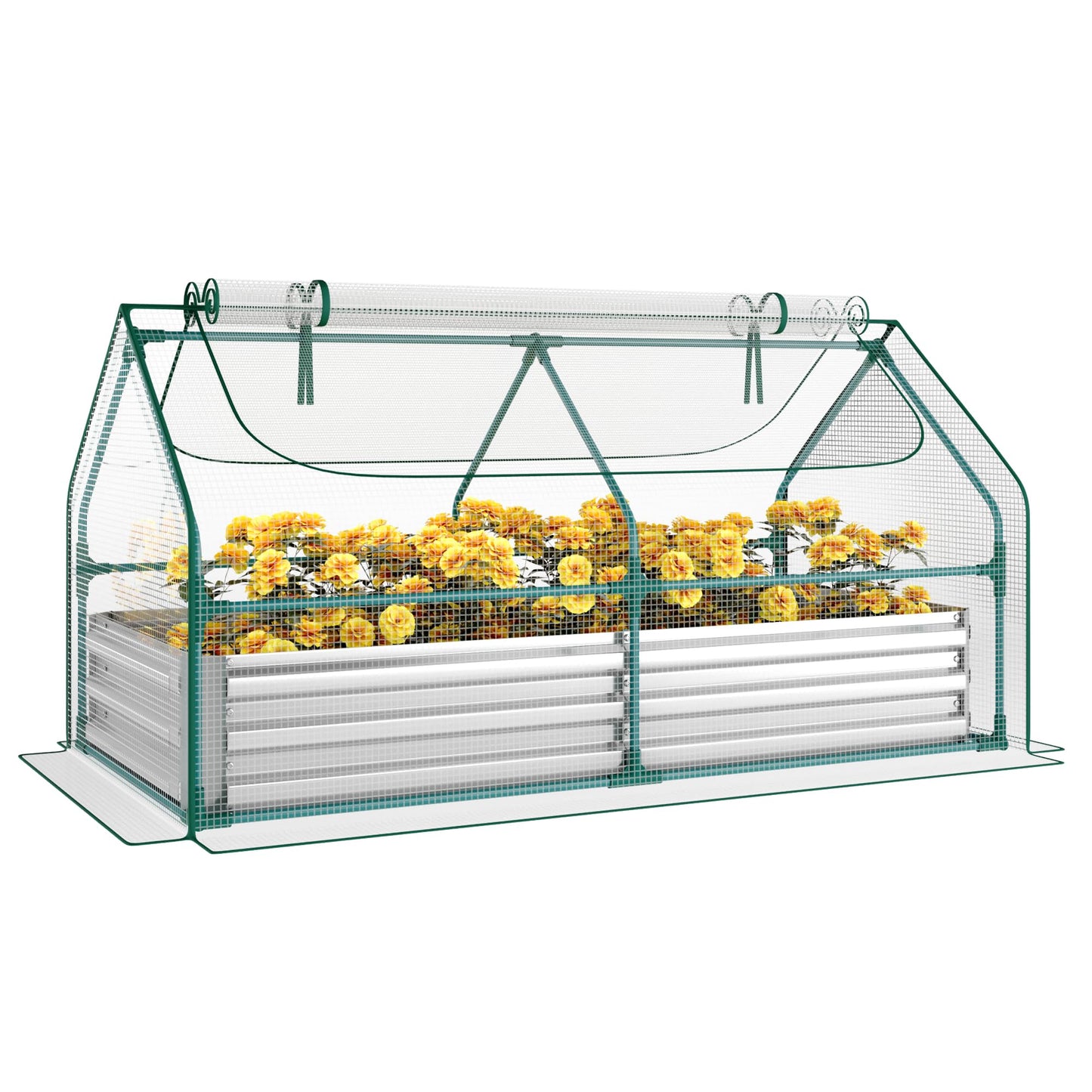 Miory Raised Garden Bed with PE Cover, 6x3x1 FT Galvanized Planter Box Outdoor with Greenhouse Cover, 2 Large Zippered Screen Windows for Vegetables, Flowers, Includes Labels & Gloves