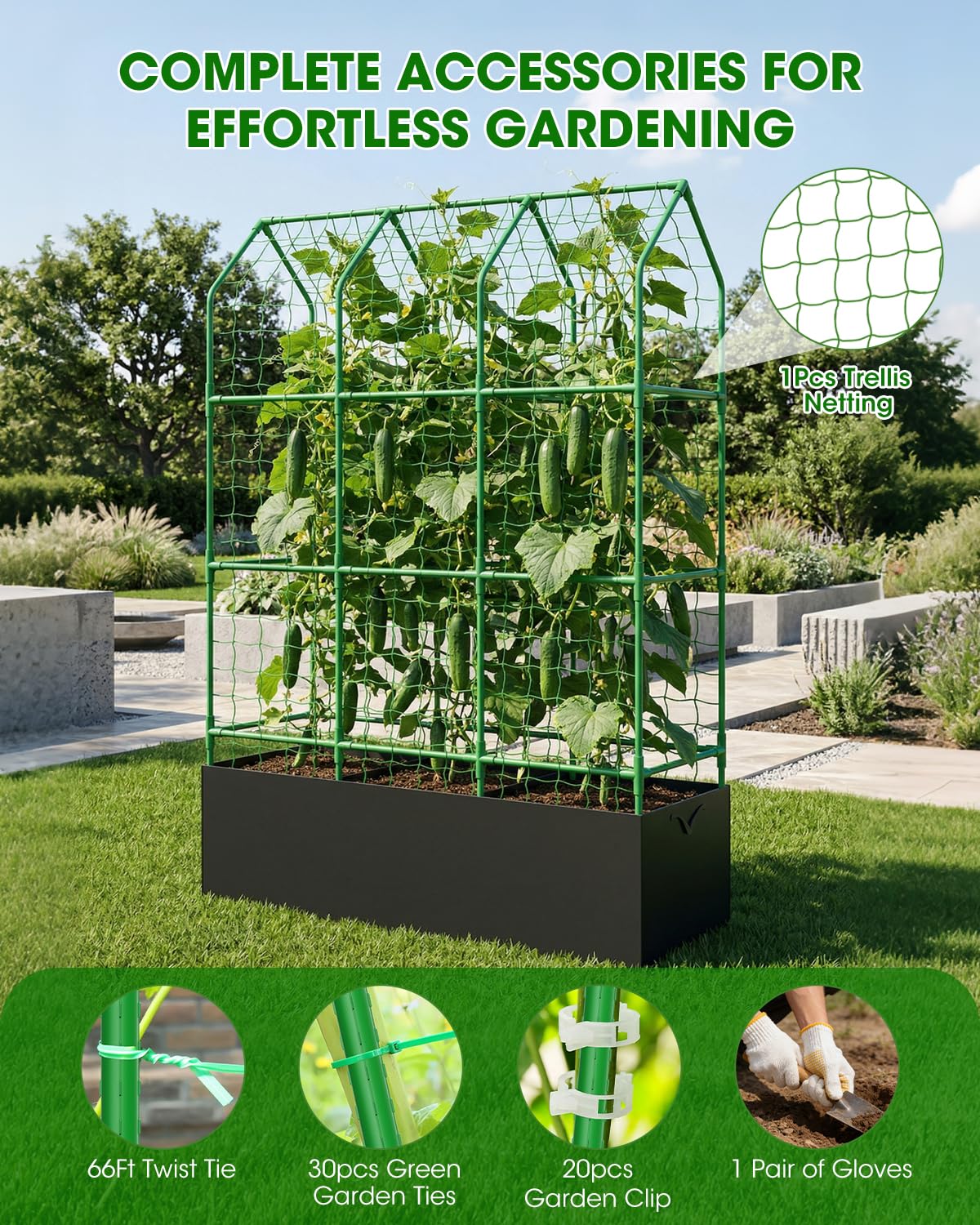 65" Cucumber Planter with Trellis for Climbing Plants Outdoor, Metal Garden Trellis for Raised Bed, Plant Support Structures with Netting for Cucumbers Tomatoes Beans Peas (50 * 17 * 65inch(L*W*H)