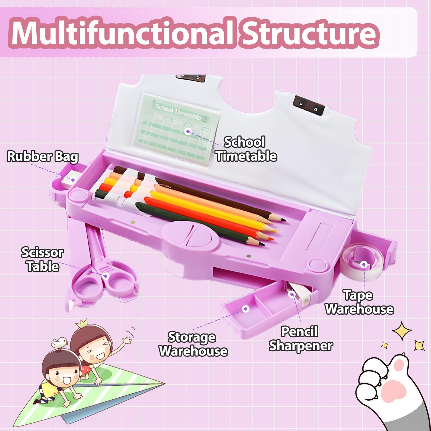 Ristpal Pop Up Multifunction Pencil Case, Cute Cartoon Pen Box Organizer Stationery with Sharpener, School Supplies, Best Birthday Gifts (Purple)