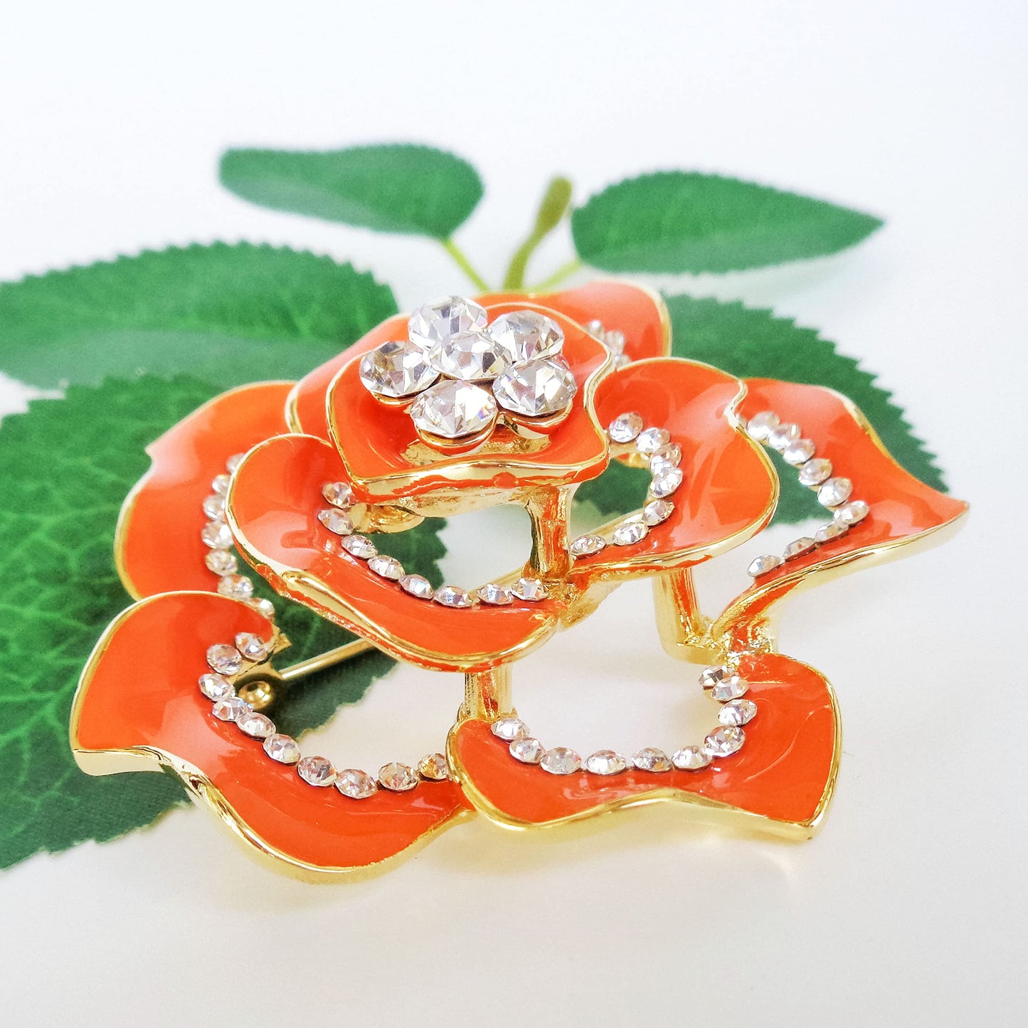 Navachi 18k Gold Plated Crystal Orange Enamel Rose Flower Az7194b Brooch pins