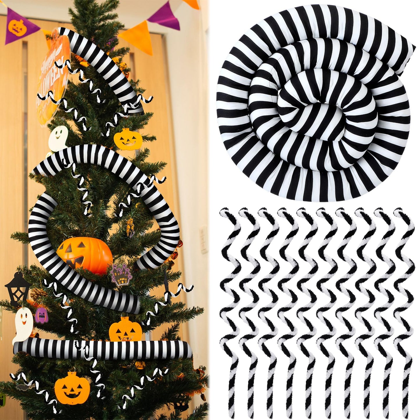 Cinnvoice 13.12 ft Sandworm Christmas Tree Garland Decorations with 10 Pcs Black and White Christmas Plush Cuttings for Xmas Tree Ornament Spooky Nightmare Party Decor