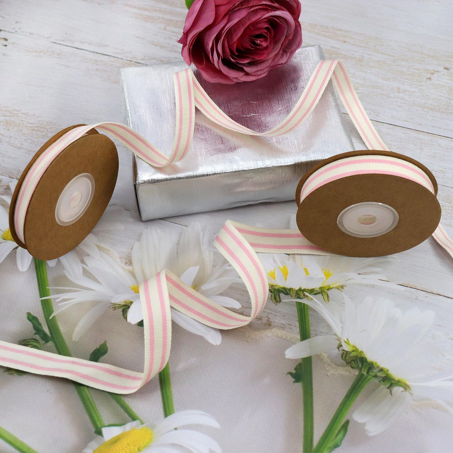 YERELO 10Yard x 2Roll Set Cotton Stripe Ribbon 5/8" and 3/8" Pink Stripe Ribbons for Christmas Tree Crafts,Wedding Wreath,Gift Wrapping,Decoration and DIY Handmade Hair Bows