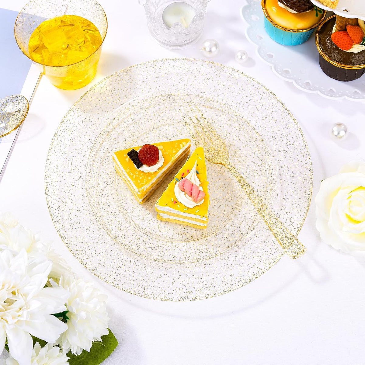 I00000 350 Pcs Gold Glitter Plastic Dinnerware Set for 50 Guests, Plastic Disposable Plates for Party, Include: 50 Dinner Plates,50 Dessert Plates,50 Paper Napkins, 50 Cups, 50 Silverware Set