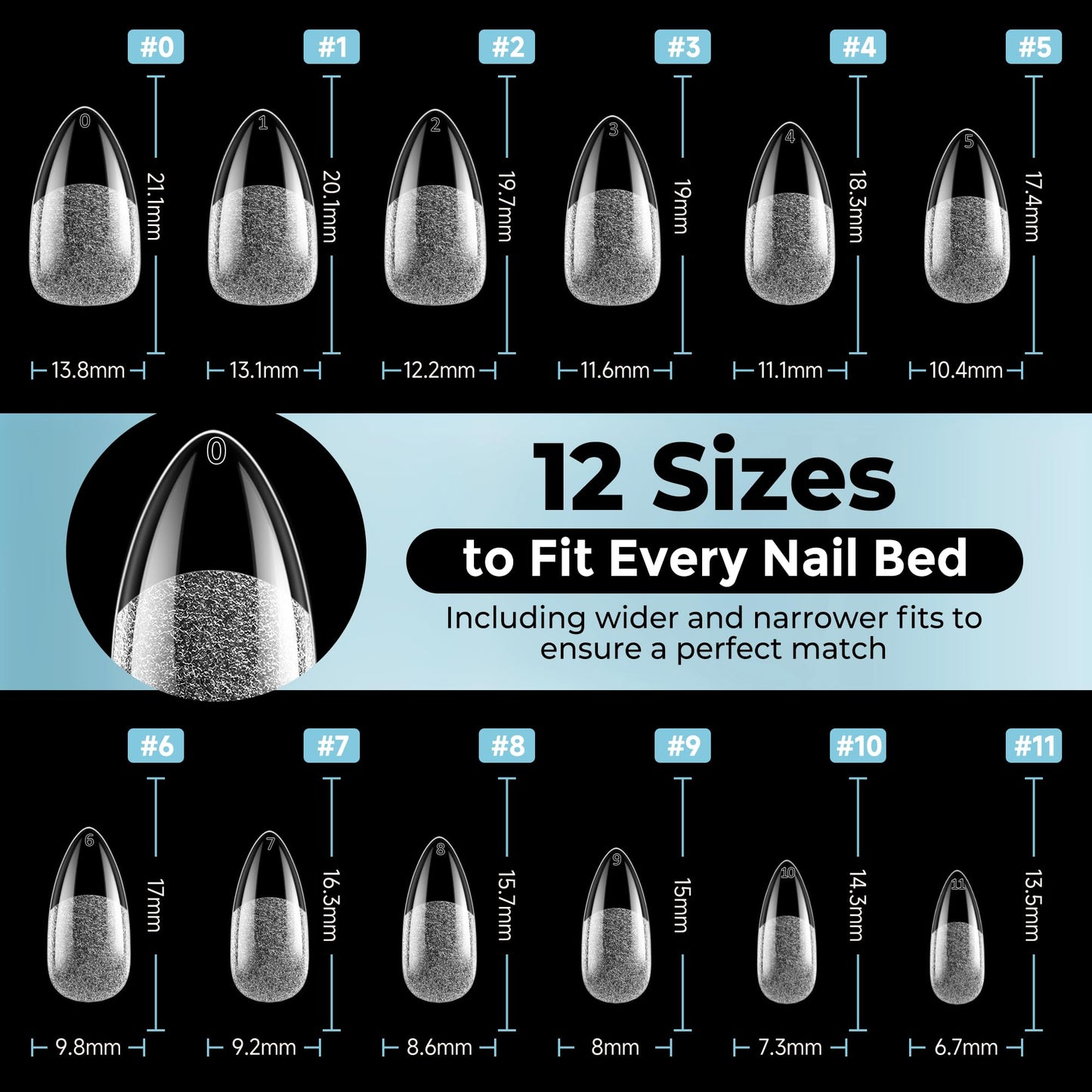Luckyfairy Almond Gel Nail Tips: 360pcs Pre-Shaped Medium Nail Tips Almond Shape Acrylic Fake Nails Half Matte Full Cover Press On Nails for Extension Home DIY Salon 12 Sizes