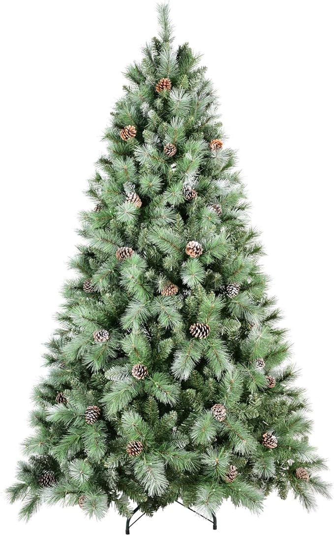 7.5FT Frosted Christmas Tree with 92 Pine Cone & Pine Needles, Premium Unlit Artificial Christmas Tree with 1588 Branch Tips, Realistic Hinged Xmas Trees with Metal Stand for Holiday Decoration