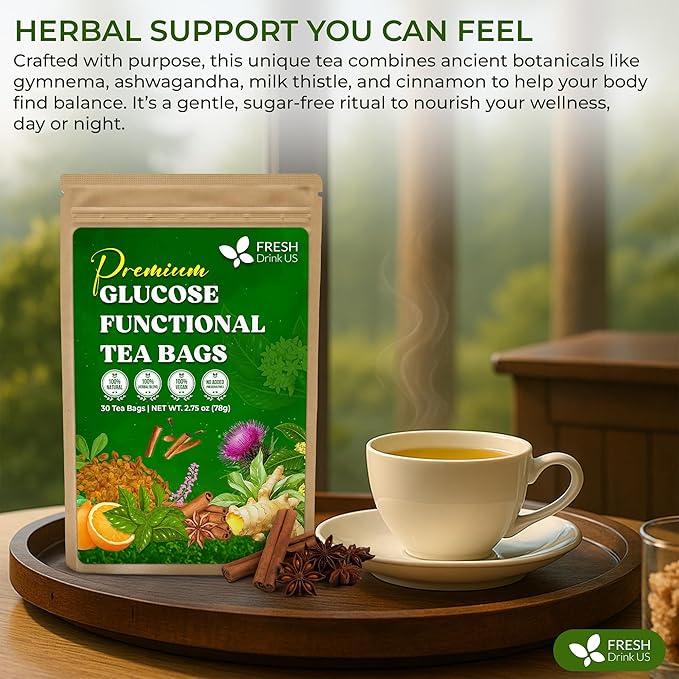 FreshDrinkUS, Premium 75 Tea Bags Glucose Functional Tea – Herbal Blend with Gymnema, Cinnamon, Bitter Melon, Tulsi & More –– Caffeine-Free. Sugar-Free. Gluten-Free. Vegan