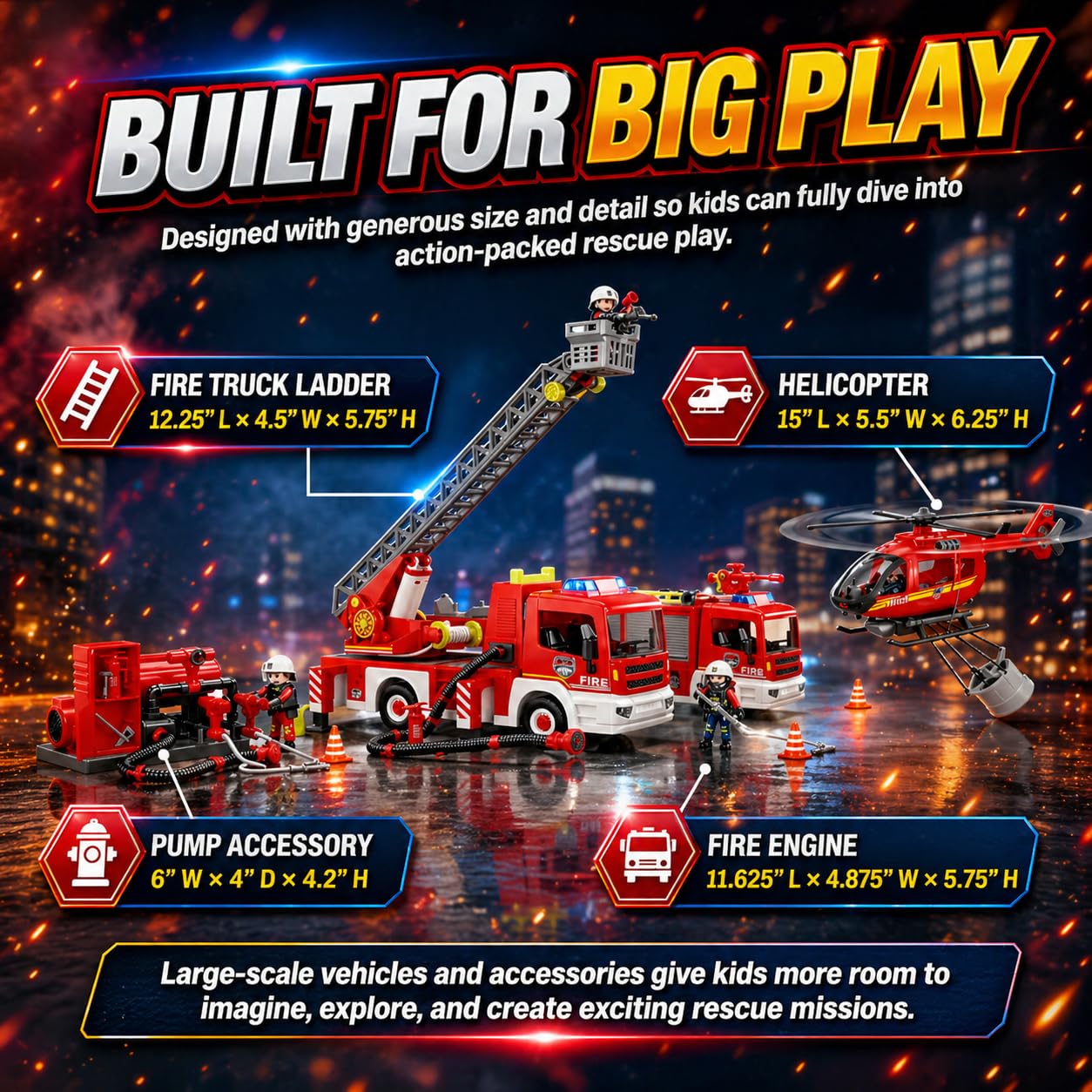 Tiny Force Fire Rescue Set – Fire Truck with Ladder, Toy Helicopter, Motorcycle & Fire Water Pump, Emergency Pretend Play Toys for Kids & Toddlers