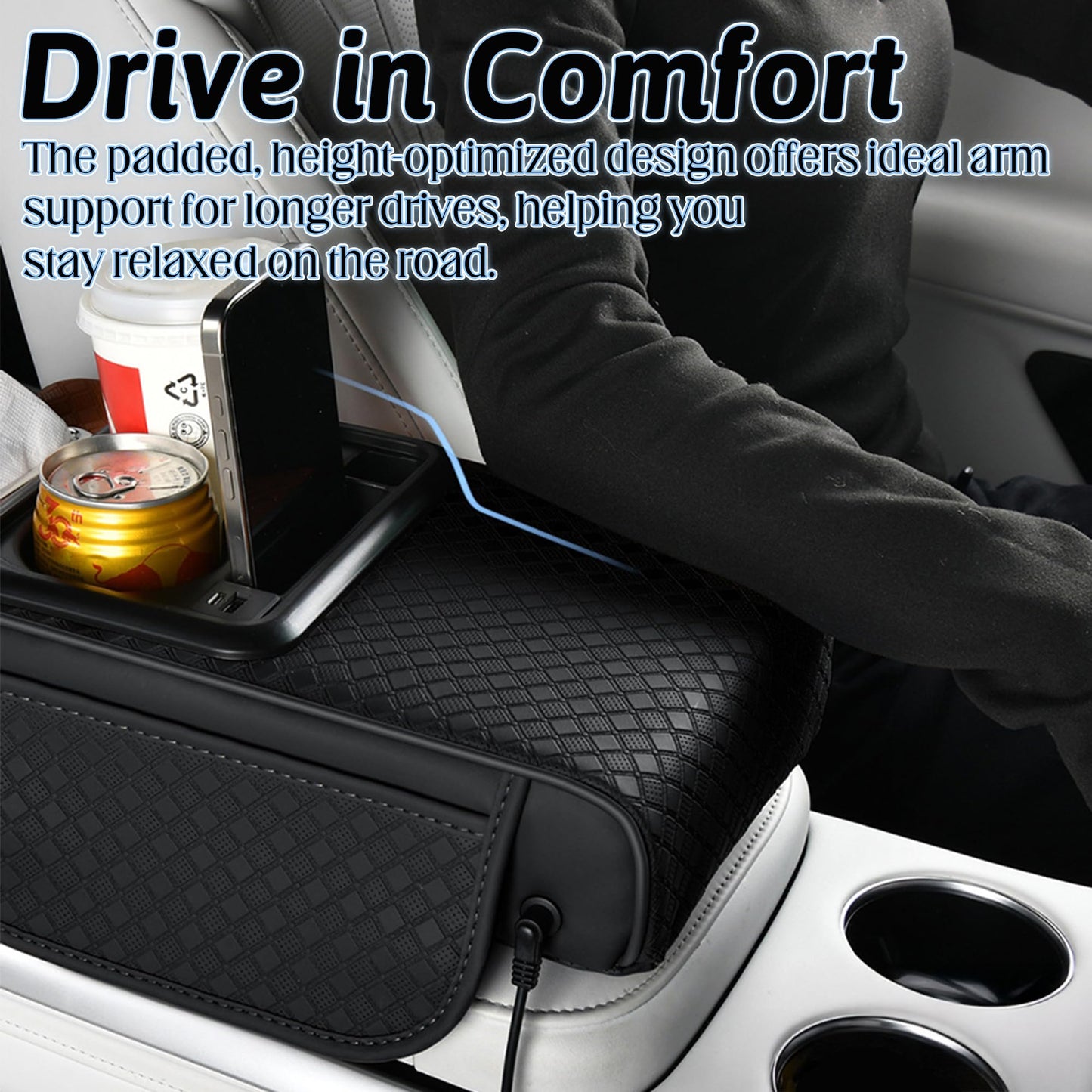 GioXtra Car Armrest Box Mat - Multi-Functional Black Leather Center Console Cover Waterproof Height Enhancement Cushion with Storage Box Cup Tissue Phone Holder Card Pocket for Car Interior Accessory