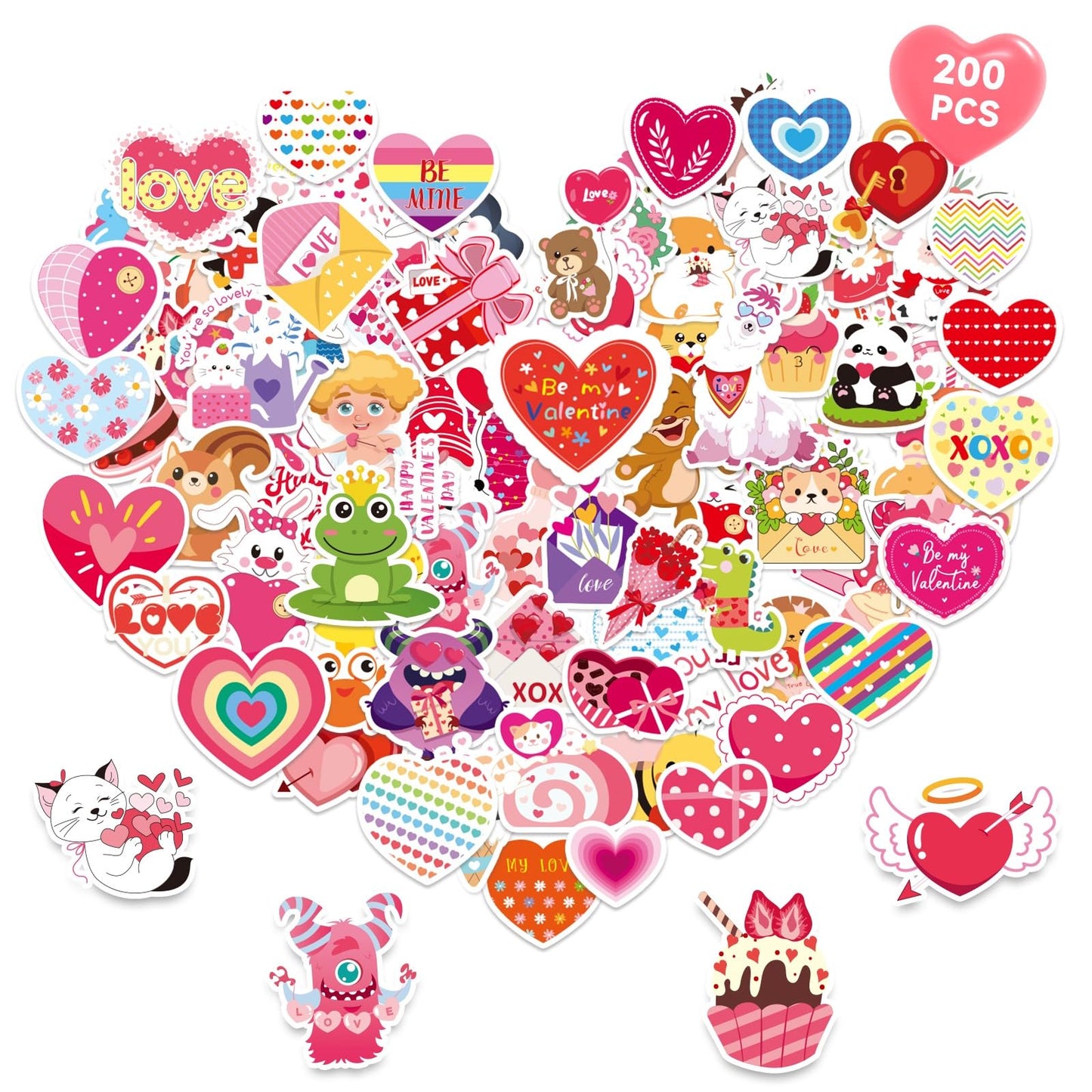 MARFOREVER 200 Pcs Valentines Stickers, Love Heart Stickers Valentine's Day Sticker Bulk Vinyl Water-Repellent for Water Bottle Wedding Laptop Scrapbooking DIY Crafts Decorations