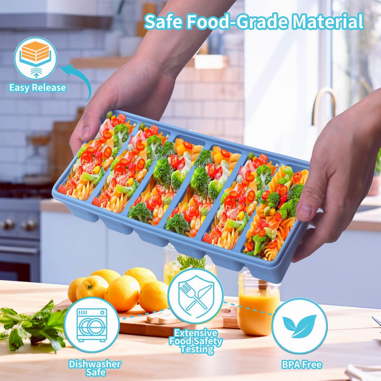 Silicone Freezer Molds Gift Set with 1 Tbsp,2 Tbsp, 1/2, and 1 Cup Silicone Freezer Trays With Lids - Meal Prep and Kitchen Essentials Bundle (Blue 4 Pack)