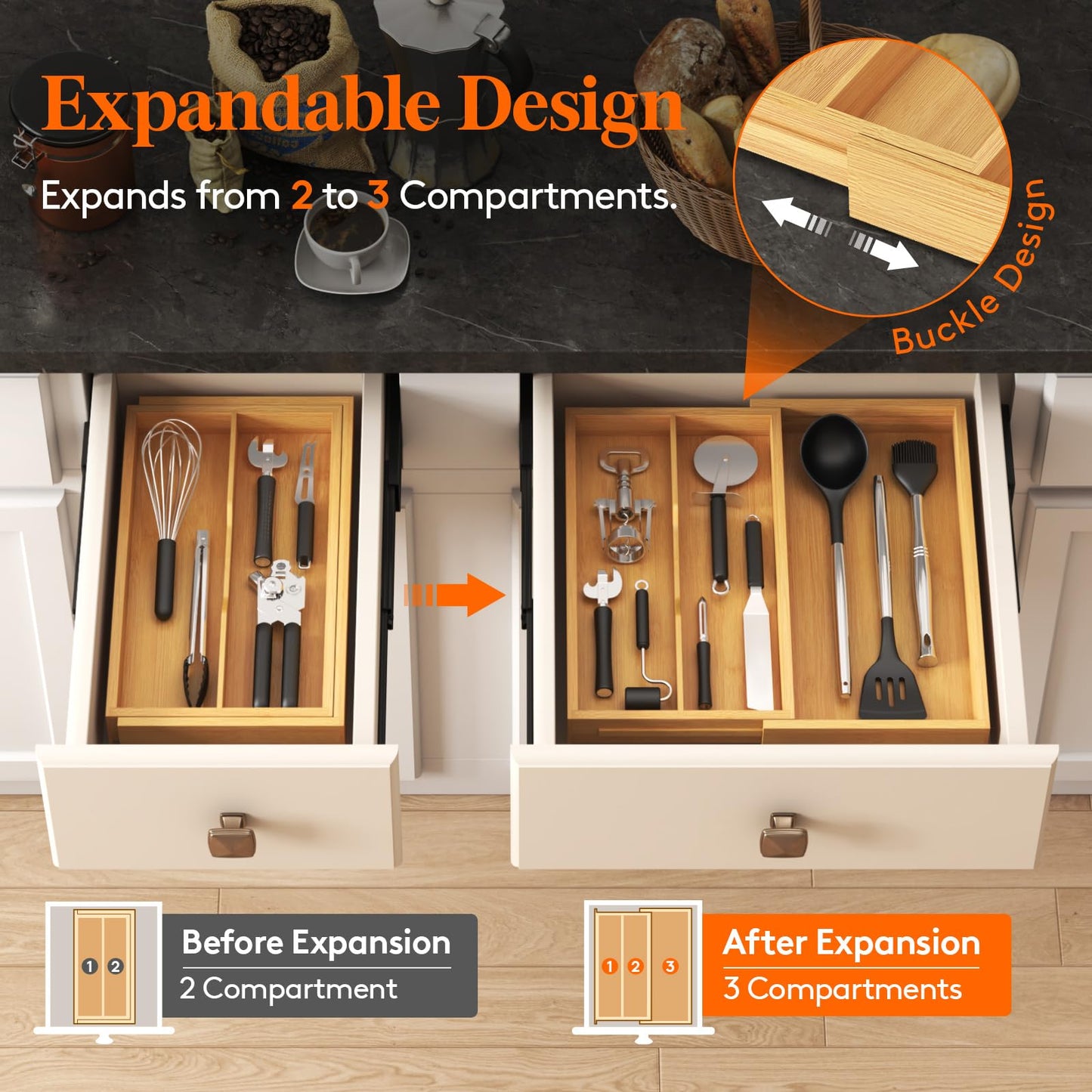 Lifewit Utensil Organizer for Kitchen Drawer, Expandable Cooking Utensil Tray, Cutlery Silverware Flatware Holder, Wood Adjustable Spatula Tools Storage Divider, 8.9-15.8 x 15.75, Natural