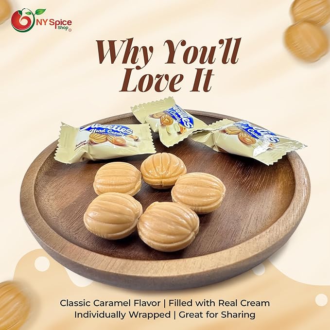 NY Spice Shop Caramel Cream Hard Candies - 1 Pound Individually Wrapped Caramel Flavored Candy Bulk - Best Candy for Party Decorations