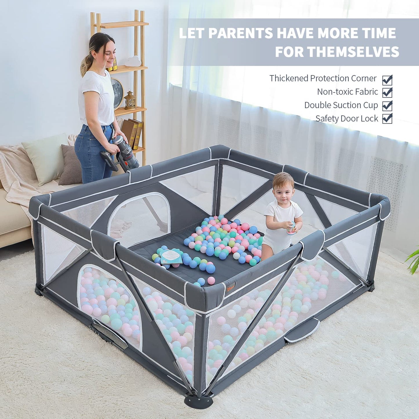 Yobear Foldable Baby Playpen (71"x59") - Portable Play Yard for Babies and Toddlers with 50 Ocean Balls, 2 Pull Handles & Carry Bag - Easy Setup Safe Indoor Outdoor Kids Activity Center (Dark Grey)