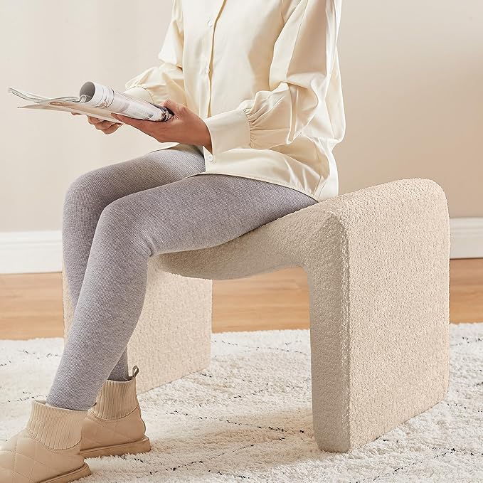 Modern Boucle Ottoman, Vanity Stool Chair, Foot Stool with Wooden Legs Sofa Bench Footstool Extra Seat for Vanity, Makeup Room, Living Room, Entryway, Set 2, Camel
