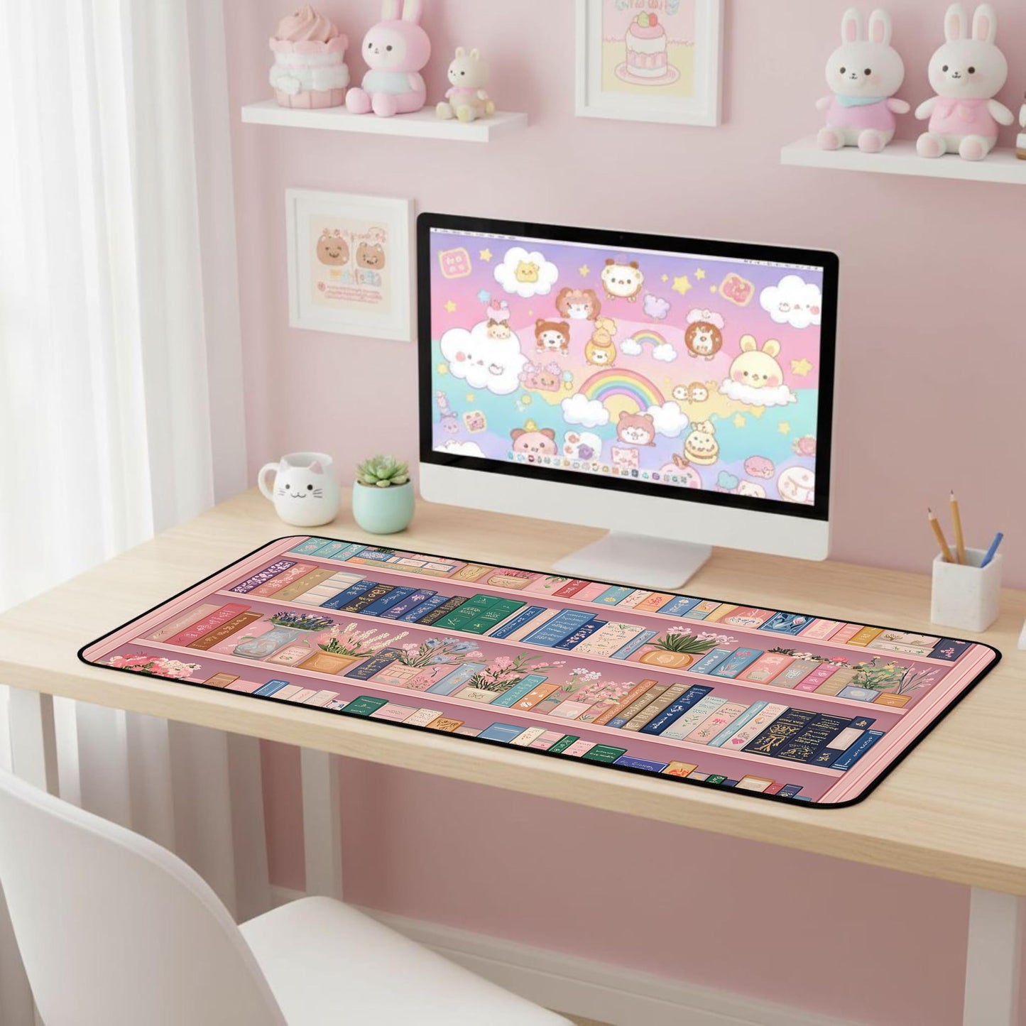 Cute Bookshelf Deskmat, Pink Desk Pad Mousepad XXL, Game Pad, Large Office Desk Keyboard Mat, Anti Slip Rubber Base and Sewn Edge Mouse Mat, Beautiful Reading Space Desktop Decor 31.5"X15.7"