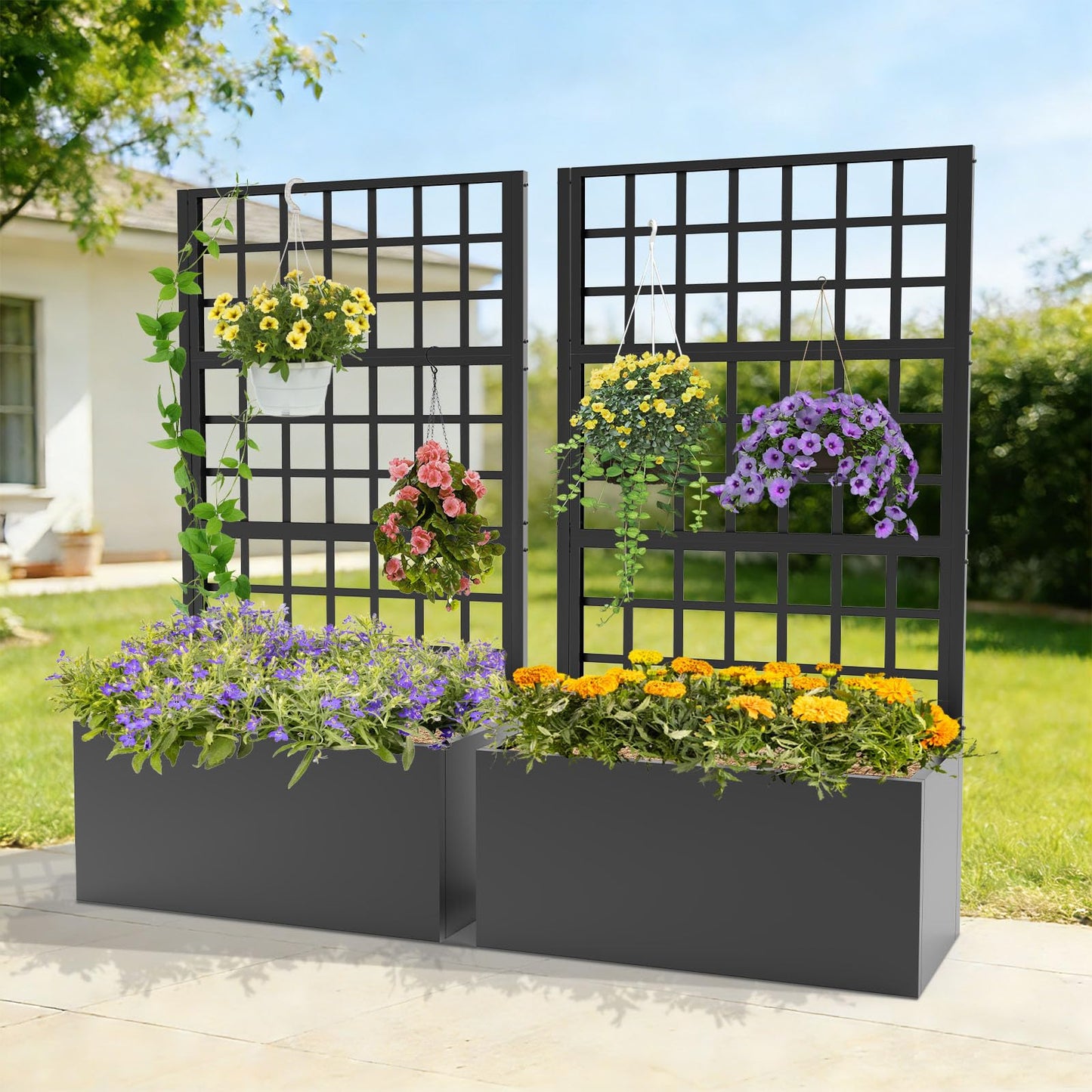 Trellume Metal Planter Box with Trellis - 63"(H)*31.5(L)*15.8"(W) Plastic-Coated Rustproof Trellis Planter, Raised Garden Bed with Trellis, Privacy Screen with Planter Box for Garden, Balcony, Patio