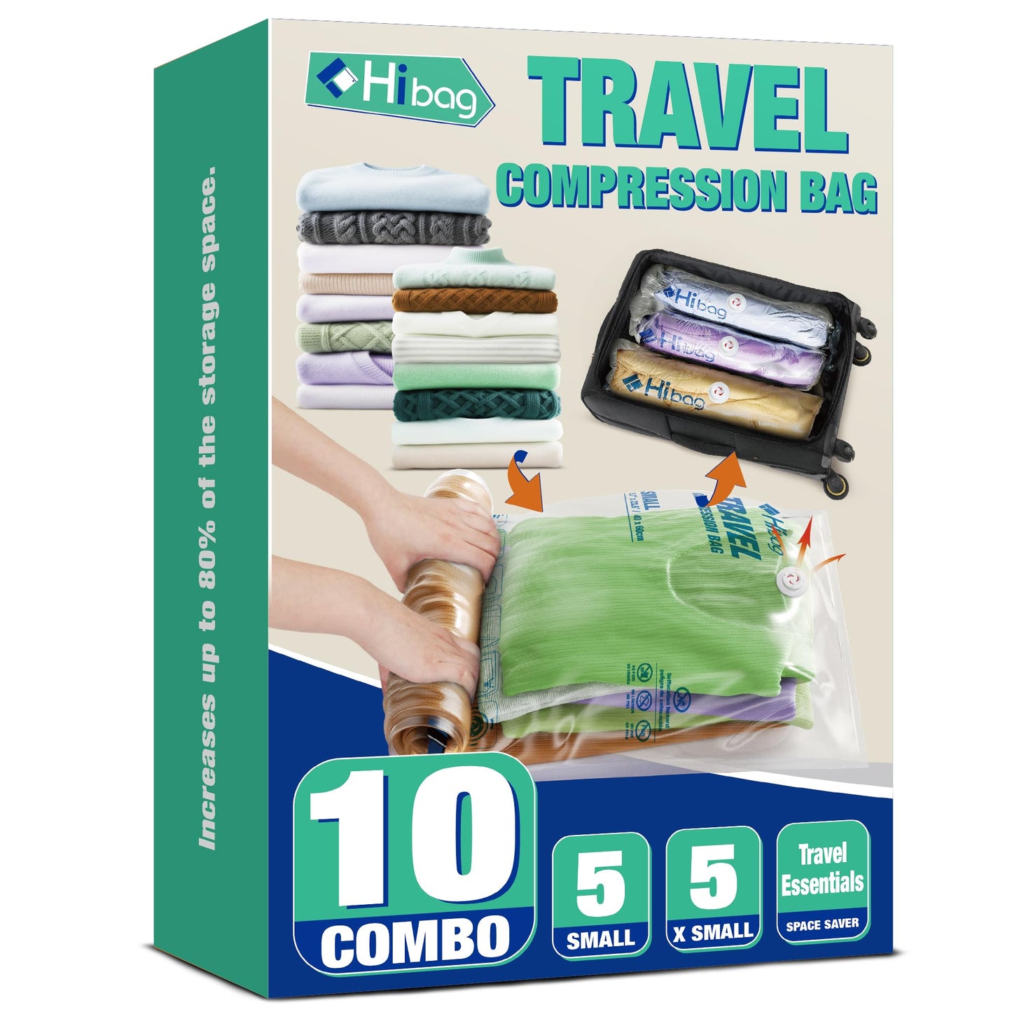Travel Zipper Storage Bags,Travel Essentials Roll Compression Bags for Cruise Luggage Accessories, 5 Luggase Size 5 Carryon Size (10 pack)