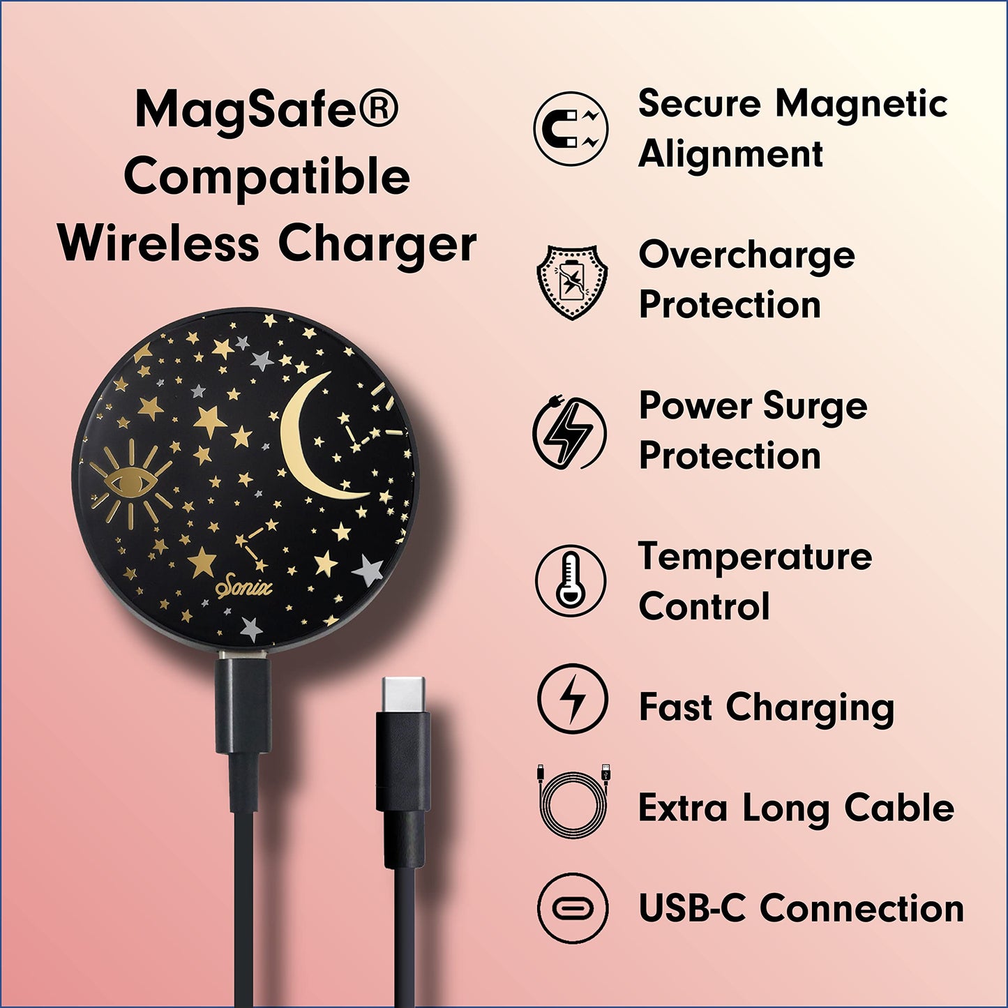 Sonix Charger Compatible with MagSafe for iPhone 15, 14, 13, 12 Series | Fast Wireless Charger x 6.5ft Cable (USB-C) | Cosmic Stars, Black
