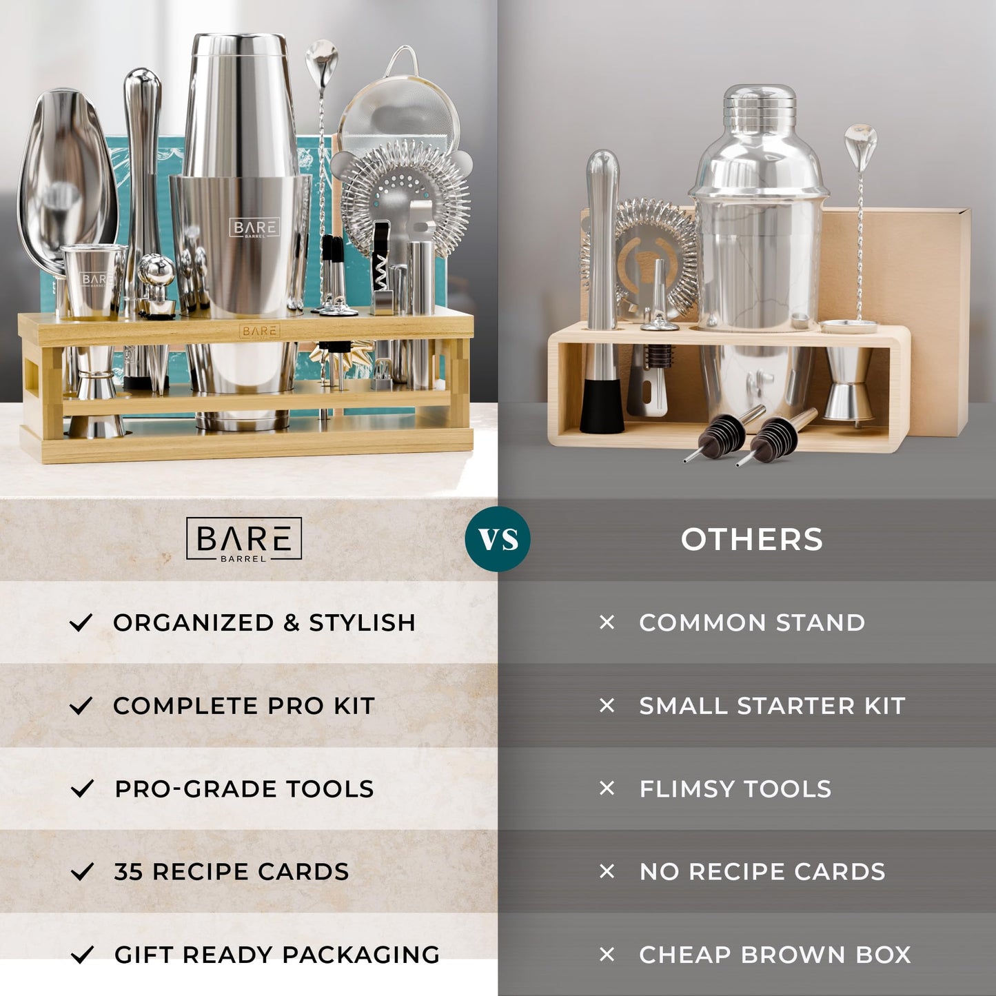 BARE BARREL® Mixology Bartender Kit Bar Set | 16-Piece Cocktail Shaker Set | Martini Barware Mixing Tools for Home Bartending | Incl. 35 Recipe Cards | Gift Set (28oz Boston Shaker, Silver/Natural)