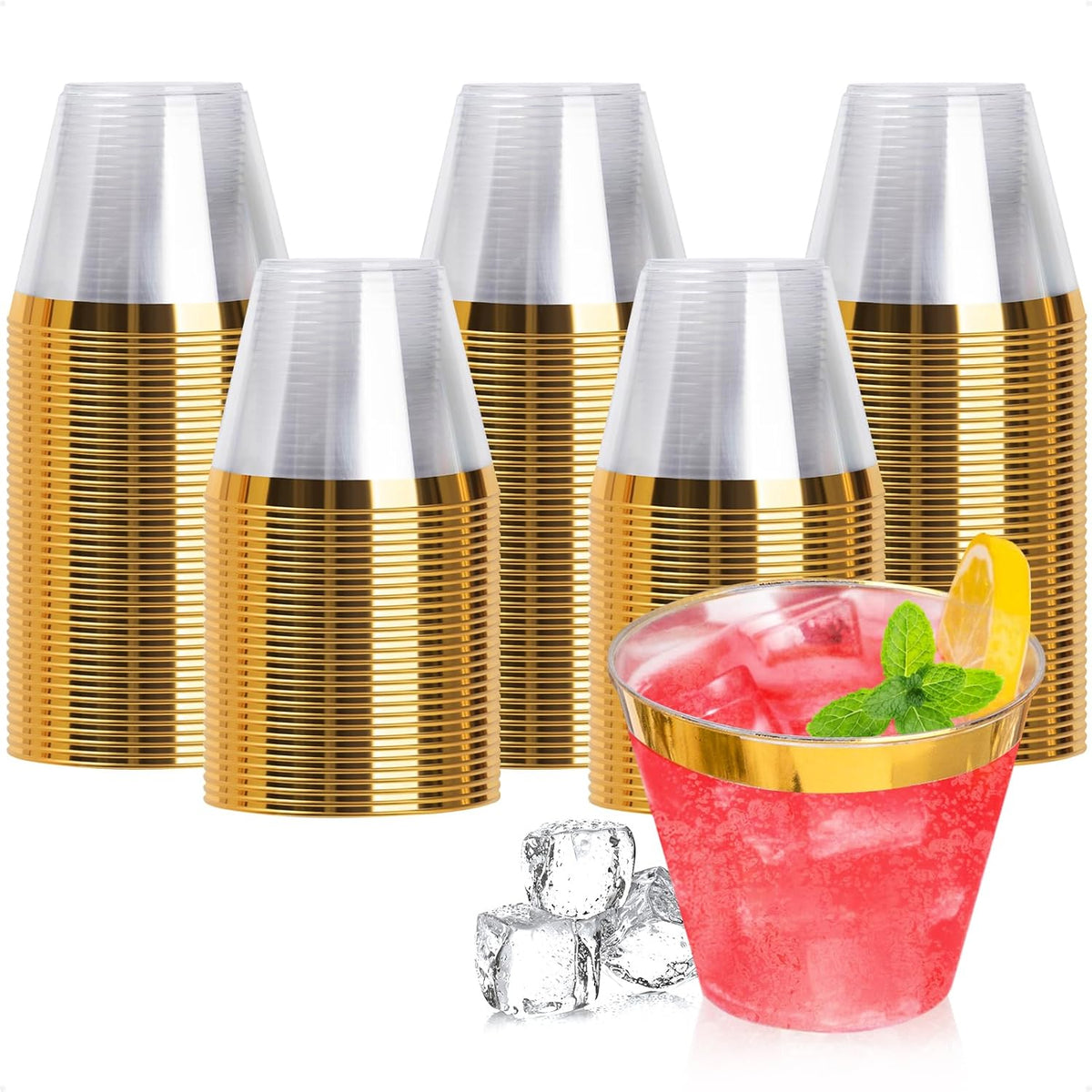 Goodluck 200PCS 9oz Gold Plastic Cups for Party, Disposable Gold Rim Cups, Plastic Cocktail Glasses for Wedding Thanksgiving, Christmas, and Parties